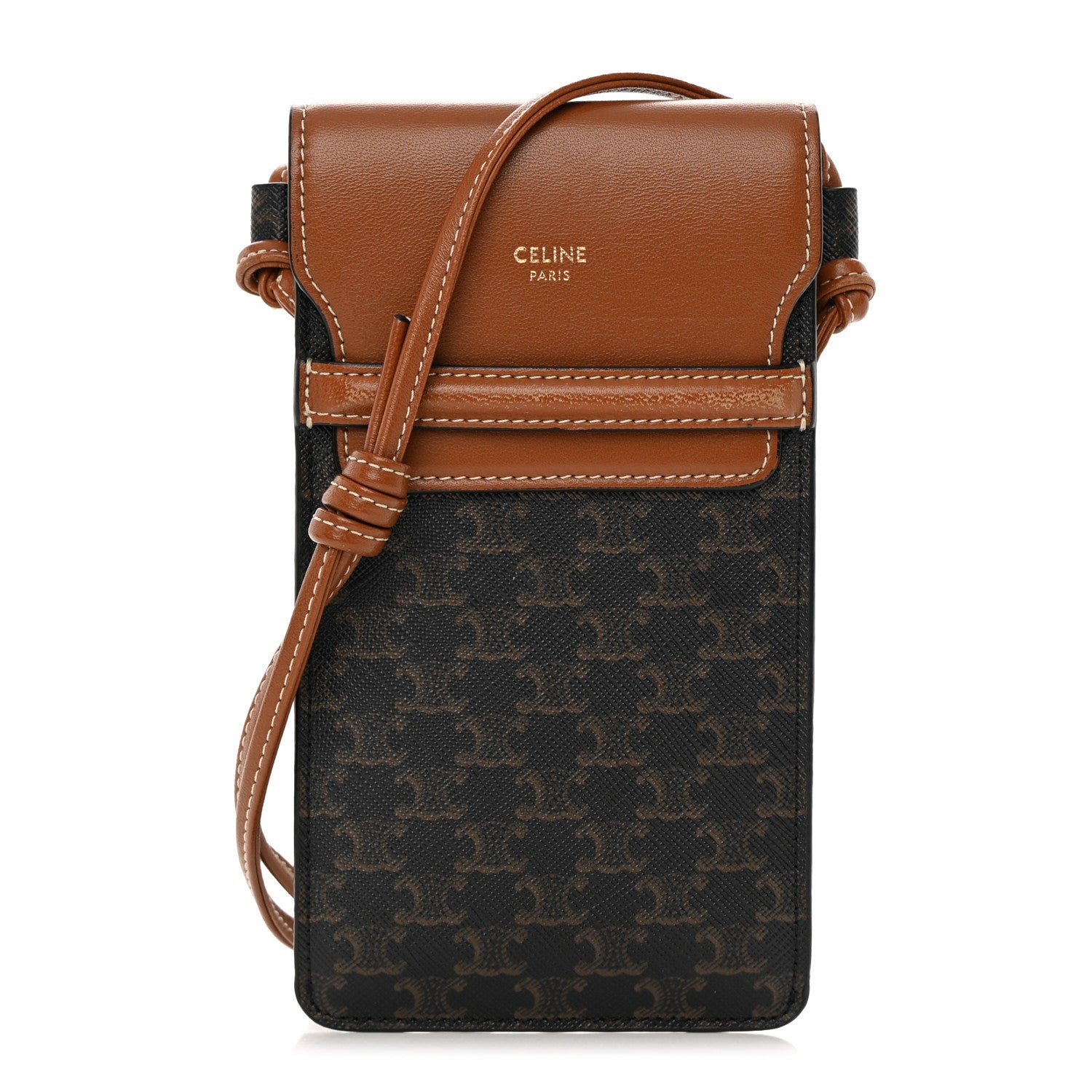セリーヌ Phone pouch with Flap スマホケース カーフスキン PHONE POUCH WITH FLAP IN TRIOMPHE CANVAS AND CALFSKIN - TAN | CELINE