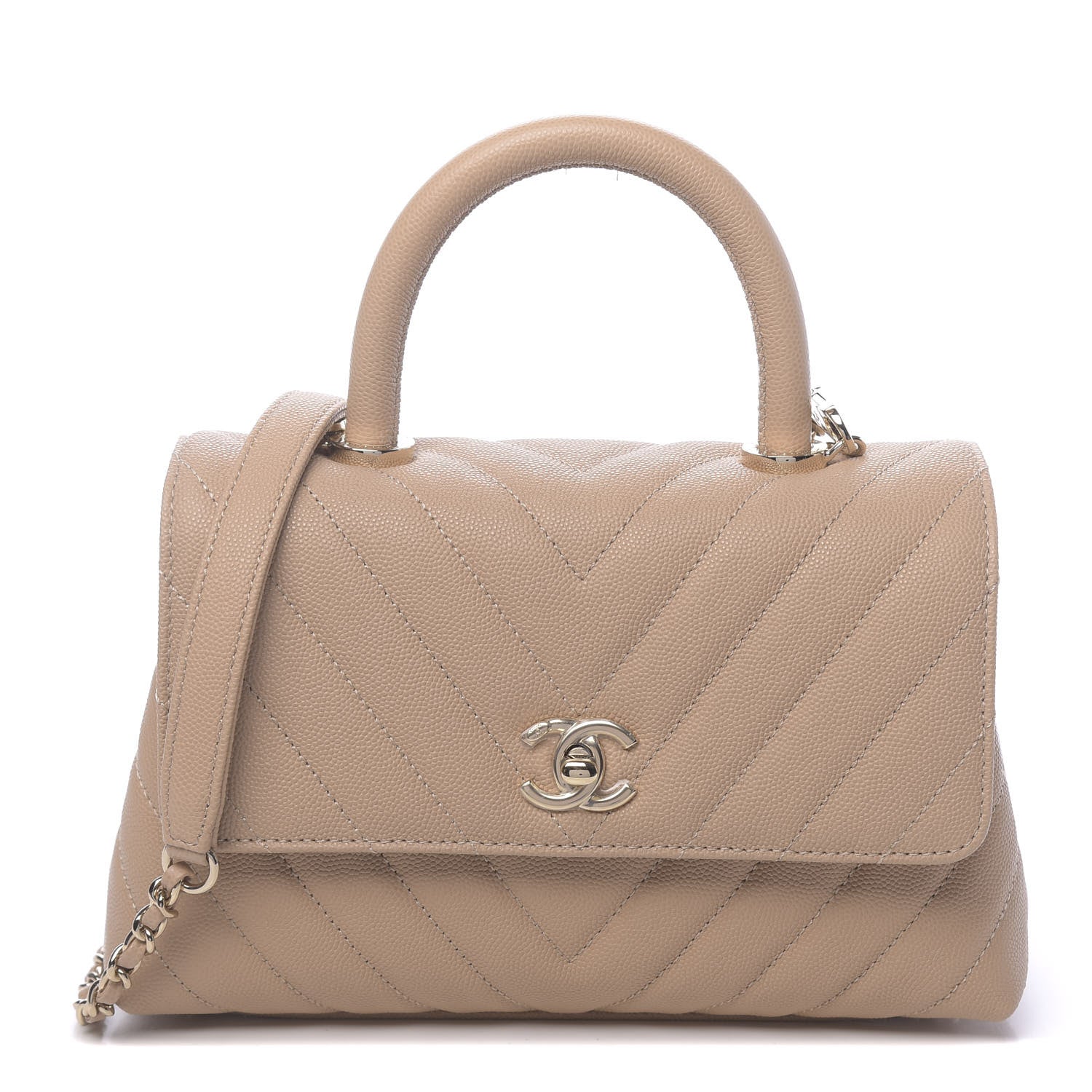 バッグ coco Chanel Caviar Chevron Quilted Mini Coco Handle Flap Beige 632914