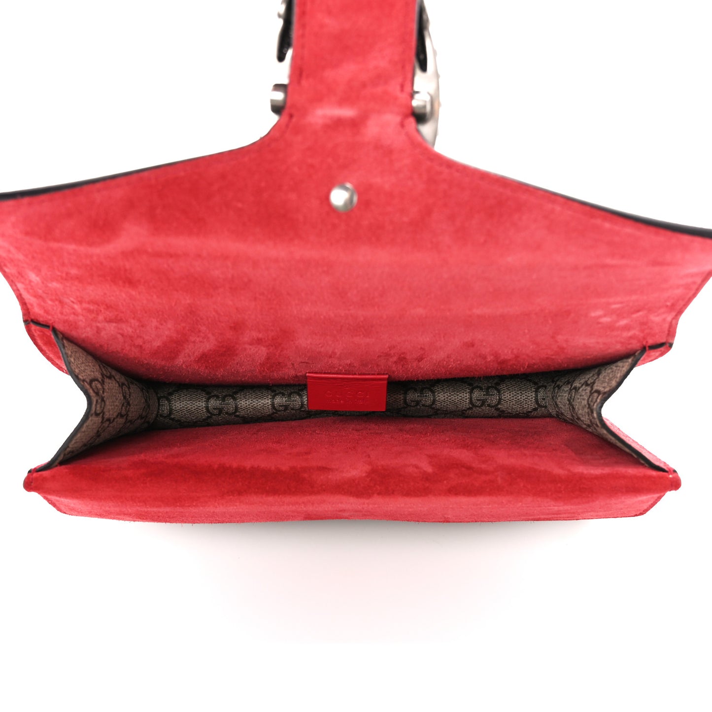 GG Supreme Monogram Suede Crystal Small Dionysus Shoulder Bag Beige Ebony Vulcanic Red