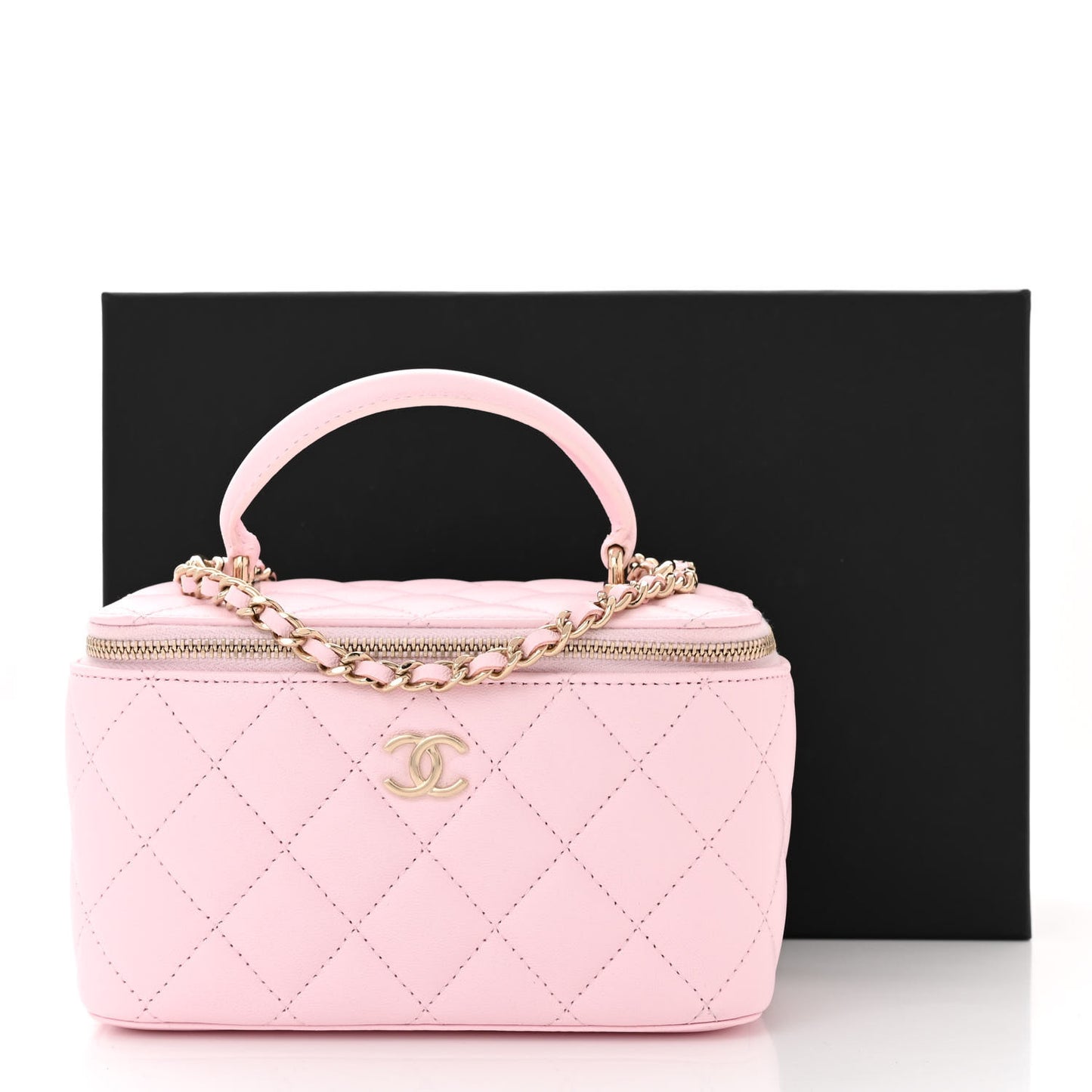Lambskin Quilted Small Top Handle Vanity Case With Chain Light Pink Light Pink