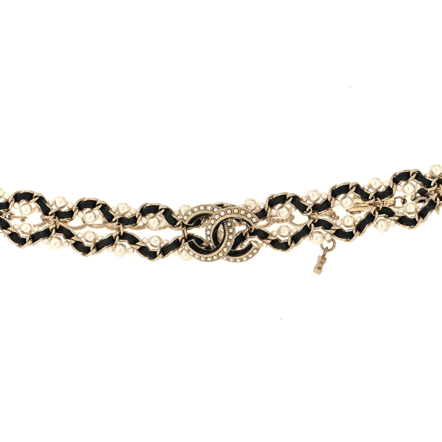 Pearl Lambskin CC Chain Twist Choker Necklace Black Gold