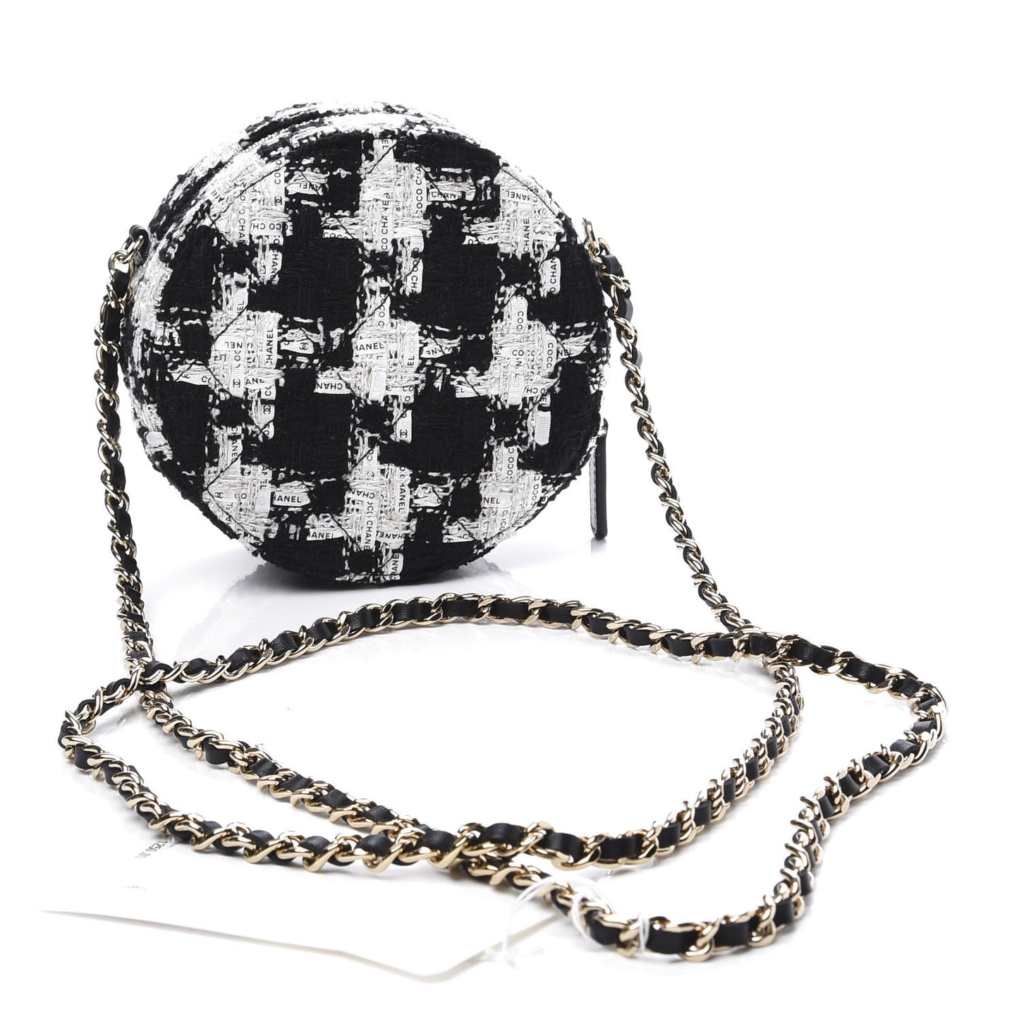 Tweed Quilted Round Clutch With Chain Black Ecru White