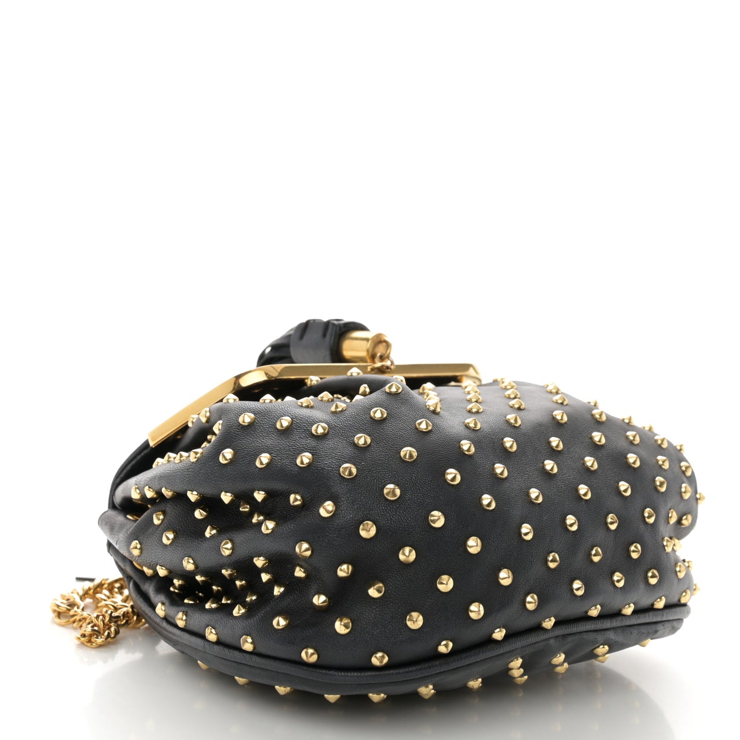 Nappa Studded Skull Box Chain Clutch Black Gold