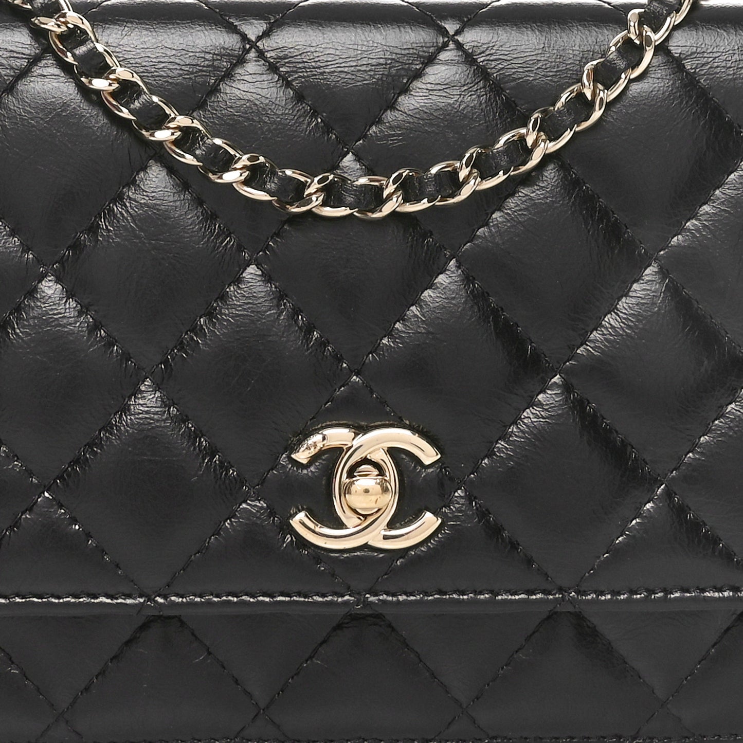 Shiny Aged Calfskin Enamel Logo Quilted Wallet On Chain WOC Black