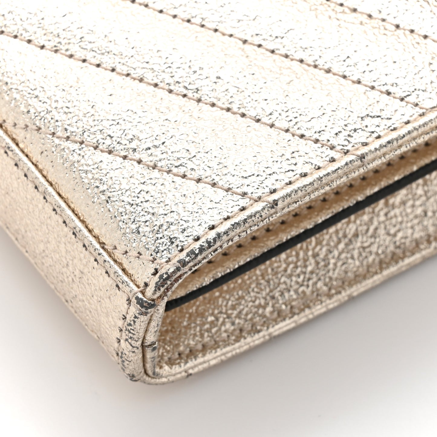 Metallic Crackled Calfskin Matelasse Chevron Monogram Chain Wallet Gold