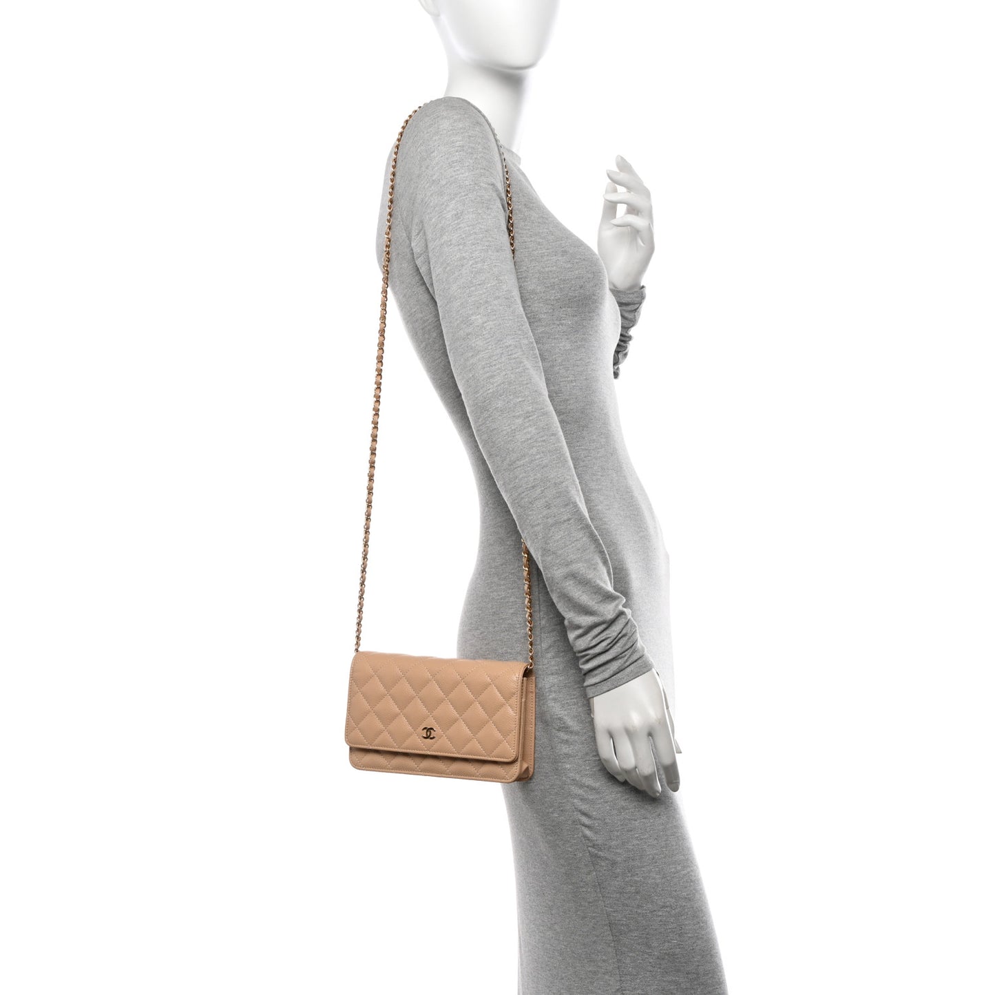 Caviar Quilted Wallet on Chain WOC Beige