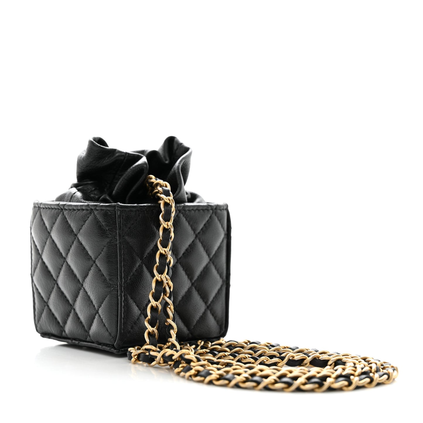 Calfskin Quilted Mini Drawstring Bucket Bag Black
