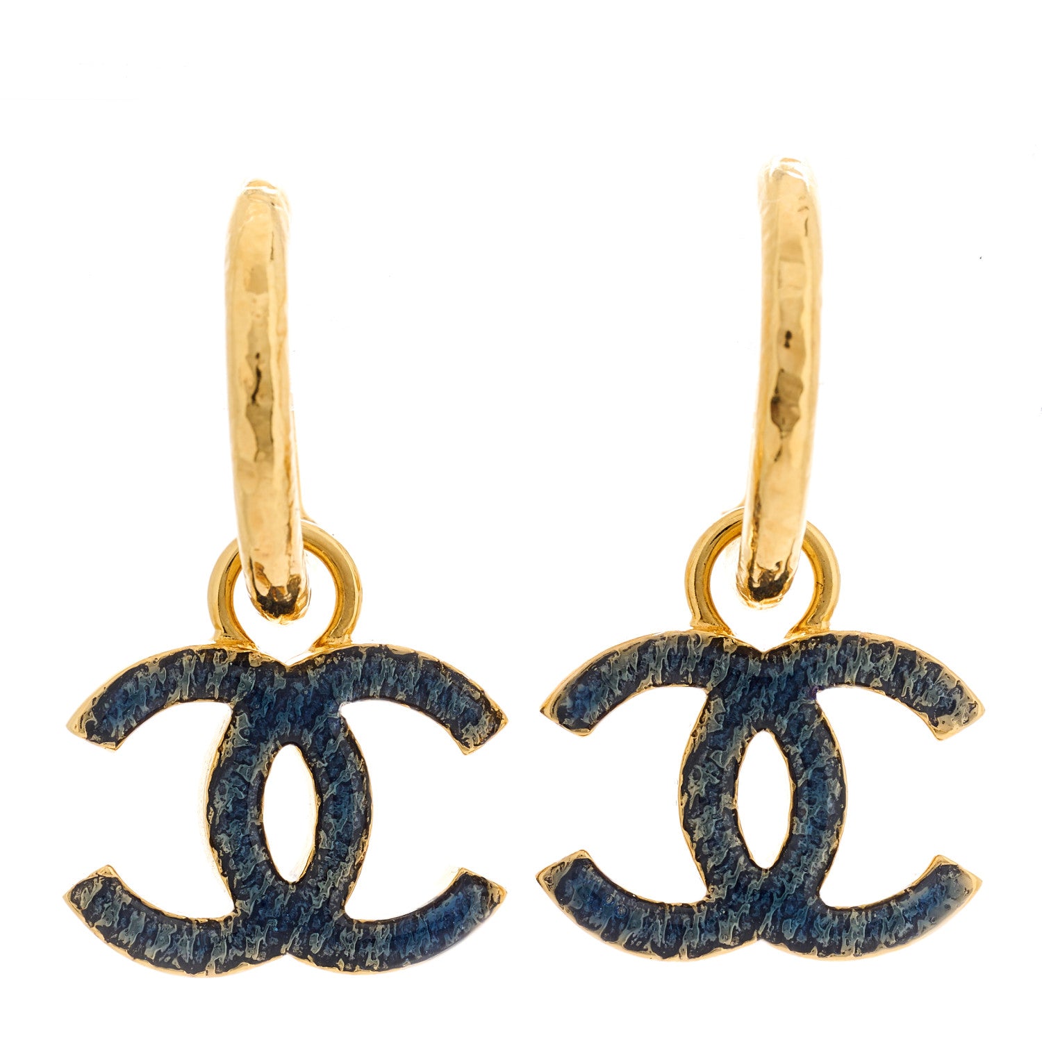 Chanel Metal Enamel CC Hoop Earrings Gold Denim Blue 1 of 4