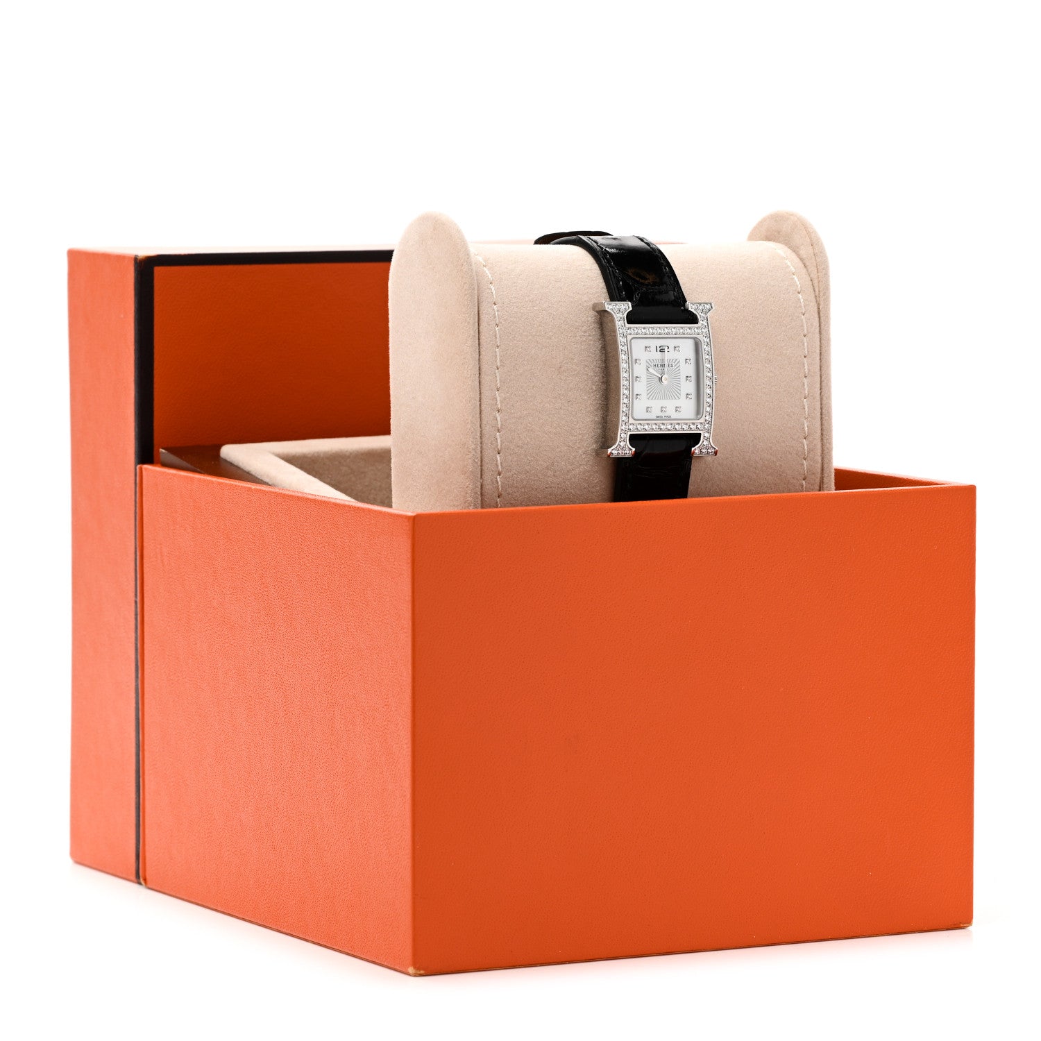 Hermes Stainless Steel Alligator Diamond Bezel Mother of Pearl 21mm Heure H Hour Quartz Watch Noir 5 of 5