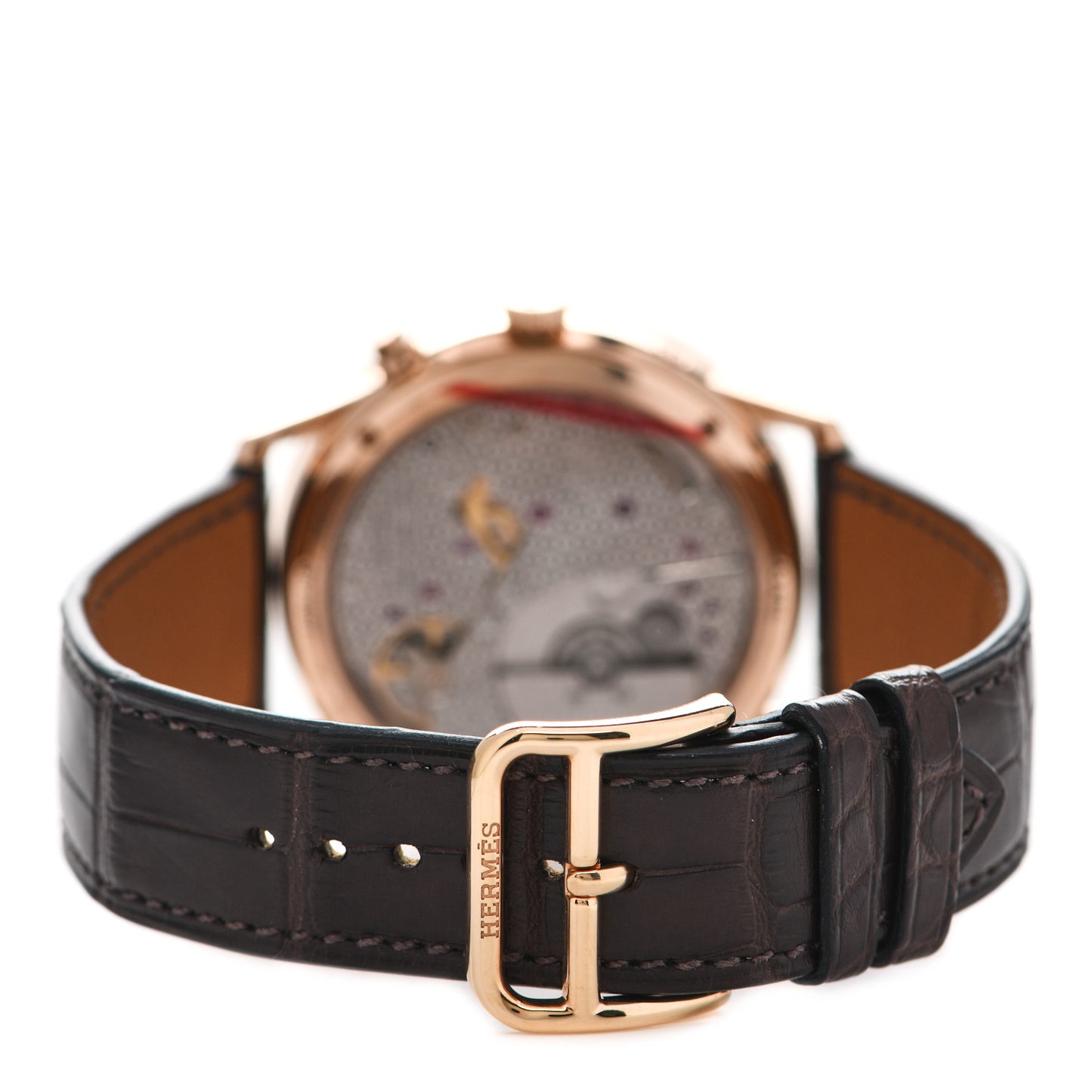 18K Rose Gold Alligator 39.5 Slim d'Hermes Quantieme Perpetuel Automatic Watch Havane