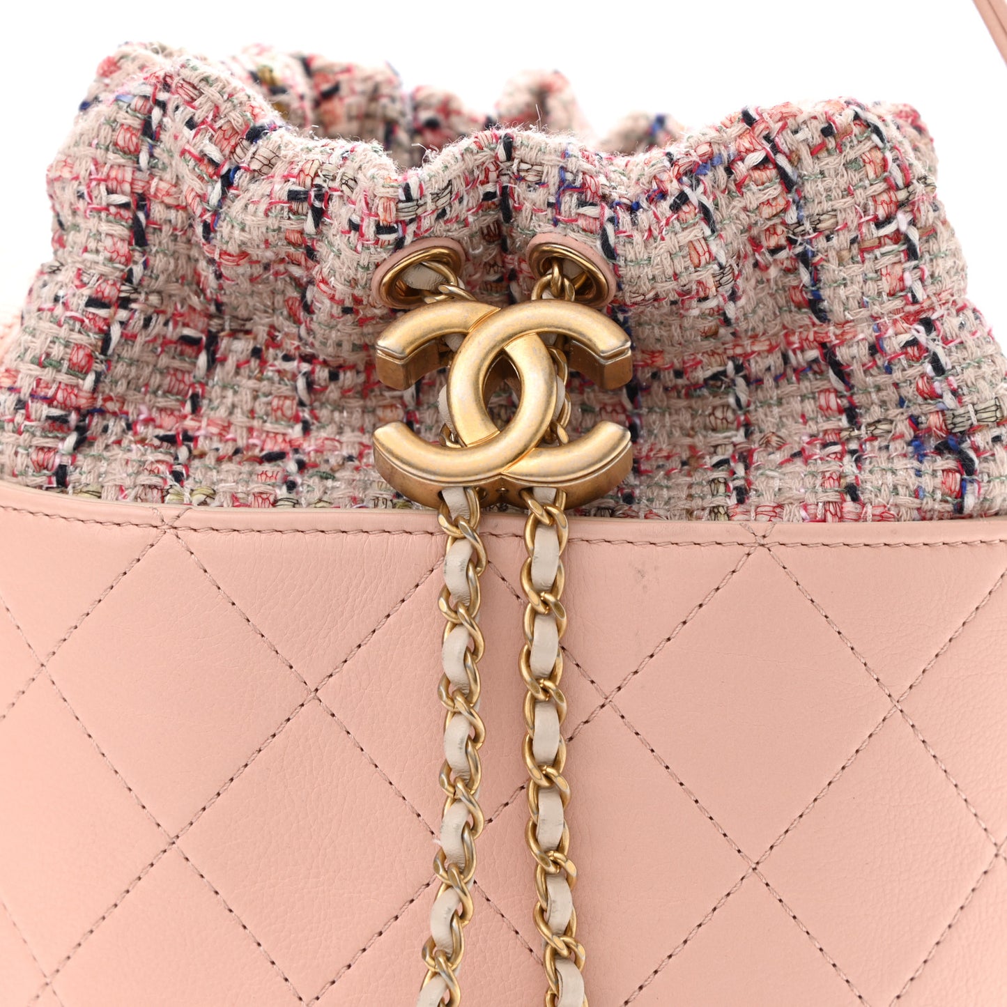Calfskin Tweed Small CC Chain Bucket Drawstring Bag Light Pink