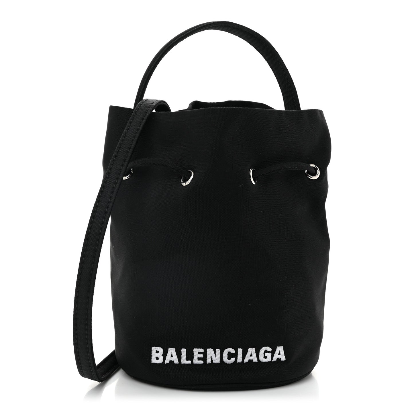 Recycled Sport Nylon Logo Embroidered Wheel Drawstring Bucket Bag Black White