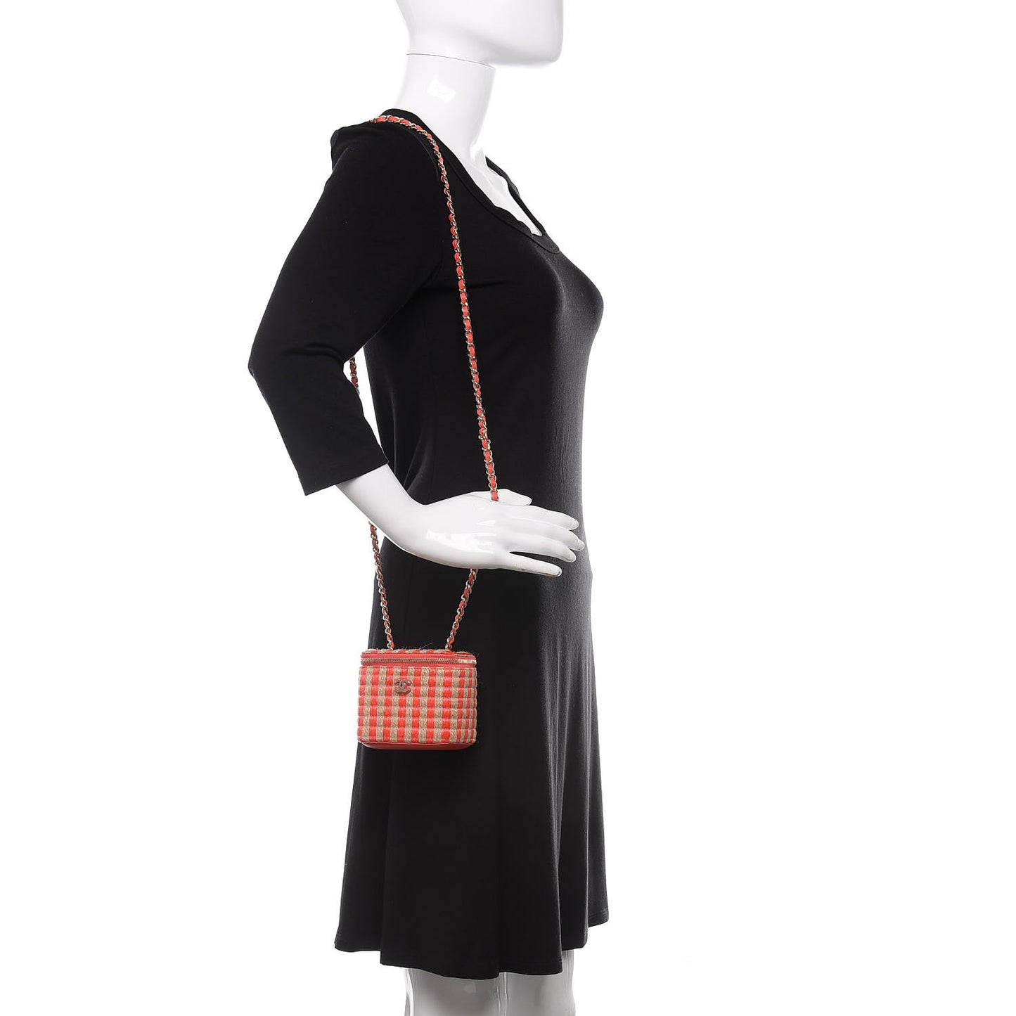 Raffia Jute Striped Mini Vanity Case With Chain Red Beige