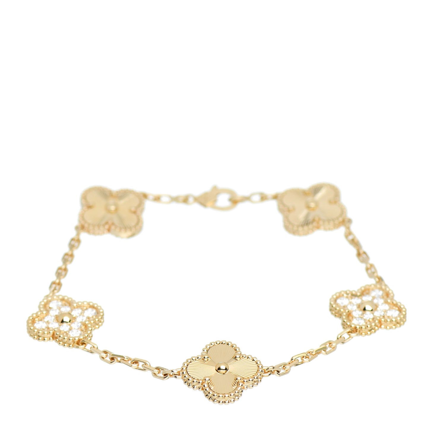 18K Yellow Gold Diamond 5 Motifs Guilloche Vintage Alhambra Bracelet