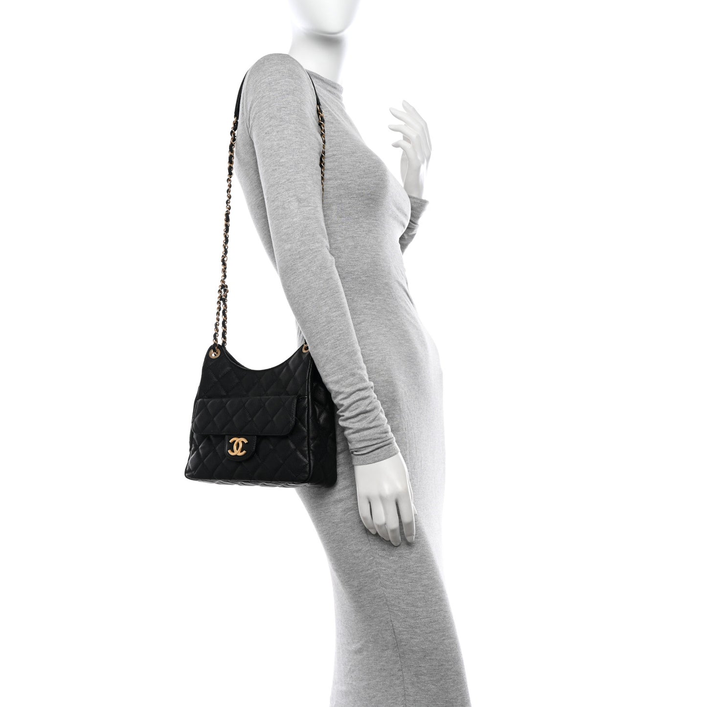 Caviar Quilted Wavy CC Hobo Black