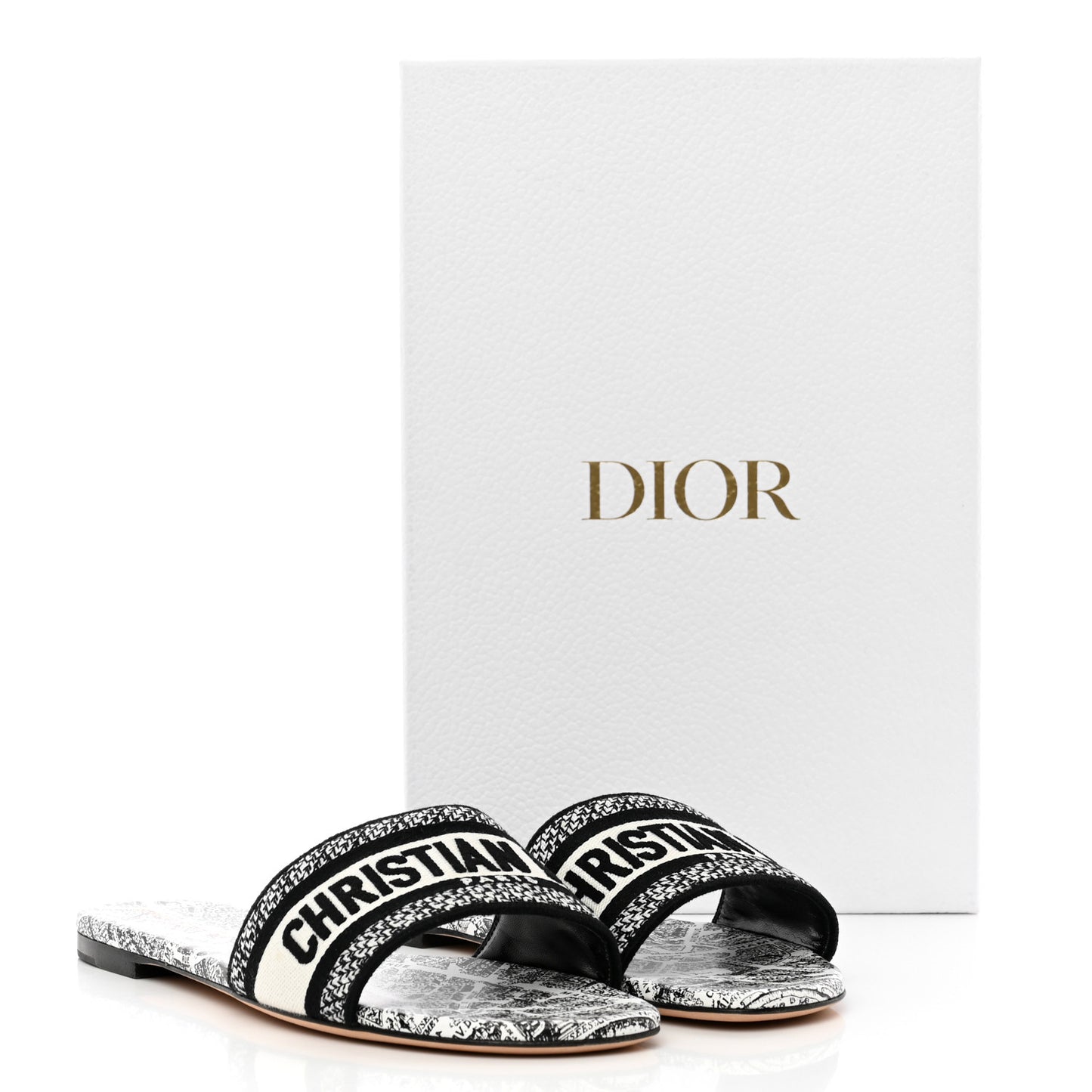 Canvas Plan de Paris Embroidered Dway Flat Slide Sandals 40.5 Off White Black
