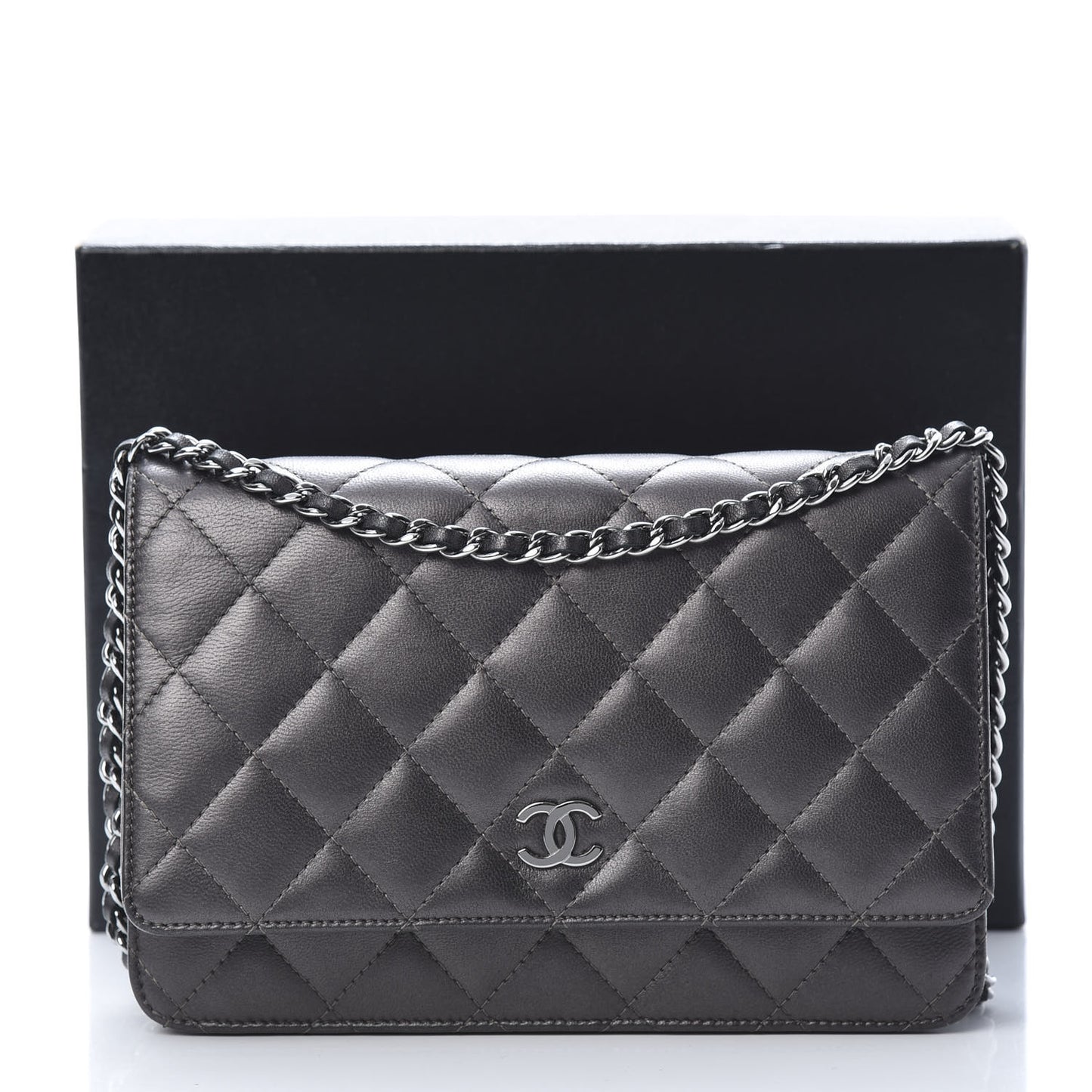 Iridescent Lambskin Quilted Wallet On Chain WOC Grey