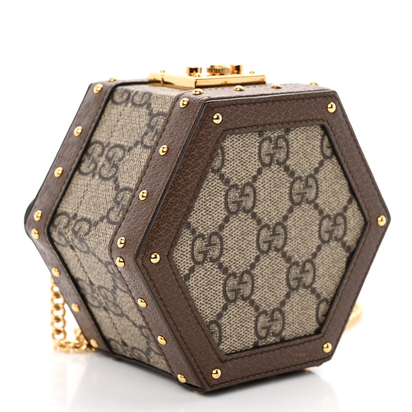 GG Supreme Monogram Textured Dollar Calfskin Studded Mini Padlock Hexagon Top Handle Case Beige Ebony New Acero