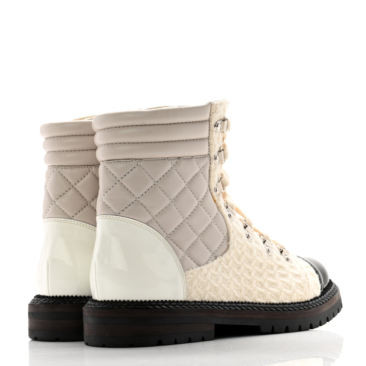 Chanel Tweed Patent Cap Toe Lace Up Short Boots 39.5 White 4 of 12