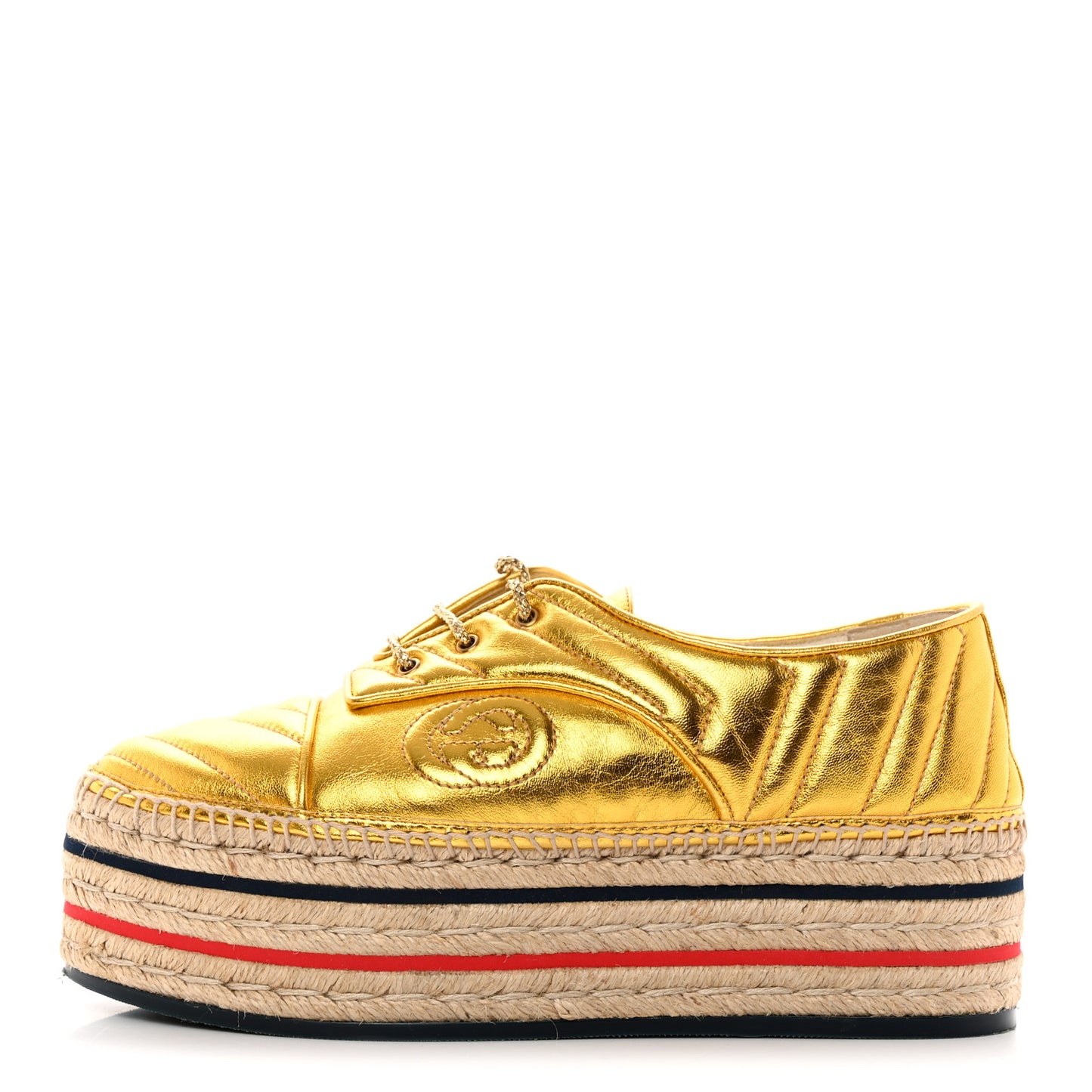 Metallic Nappa Matelasse GG Pilar Flatform Lace-Up Espadrilles 39 Oro Vecchio