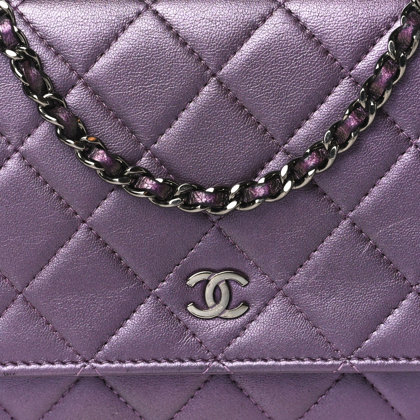 Iridescent Lambskin Quilted Wallet On Chain WOC Dark Purple