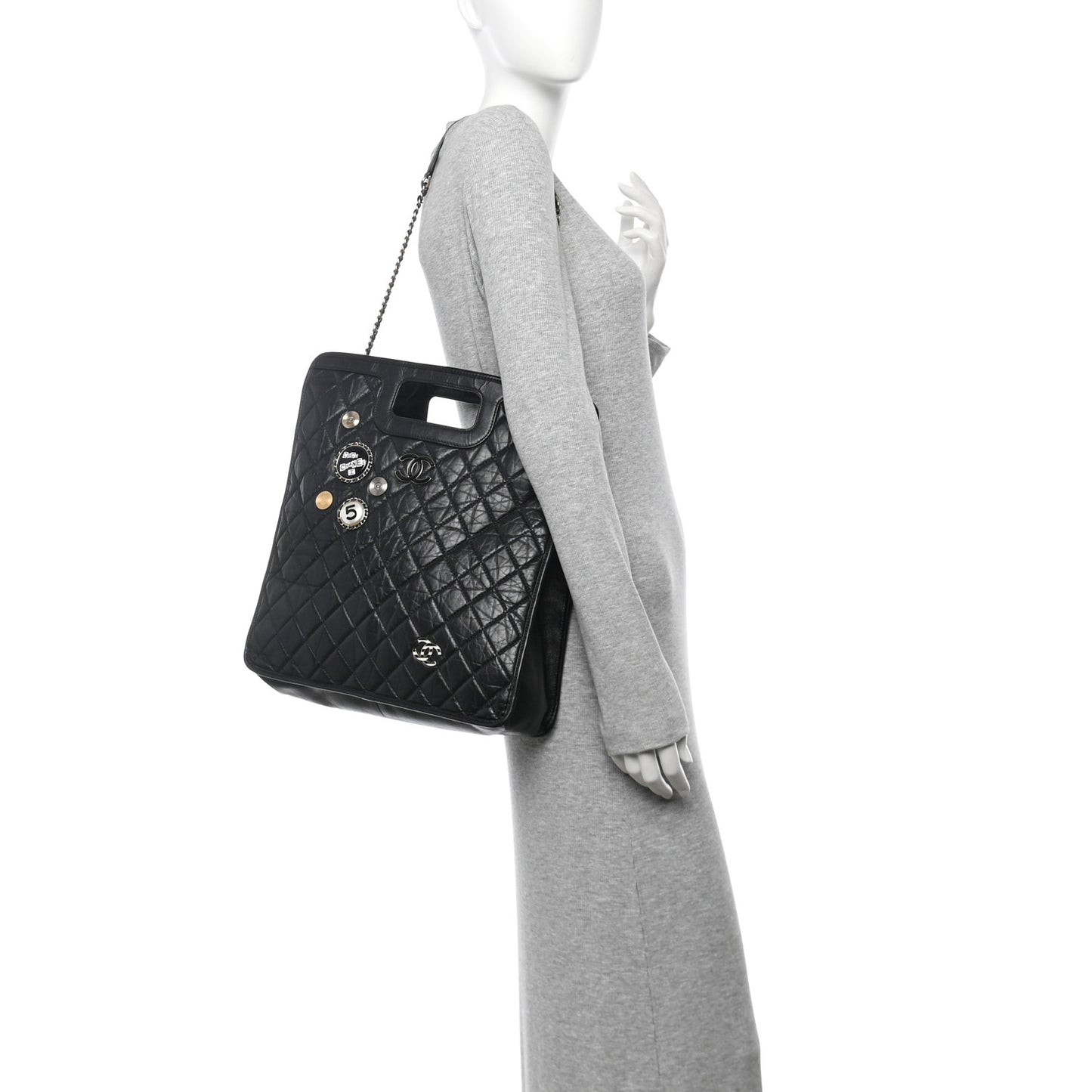 Aged Calfskin Medium Charm Shopping Bag Black