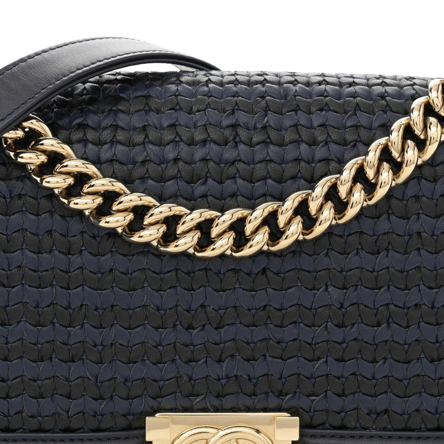 Lambskin Braided Woven Medium Boy Flap Navy Black