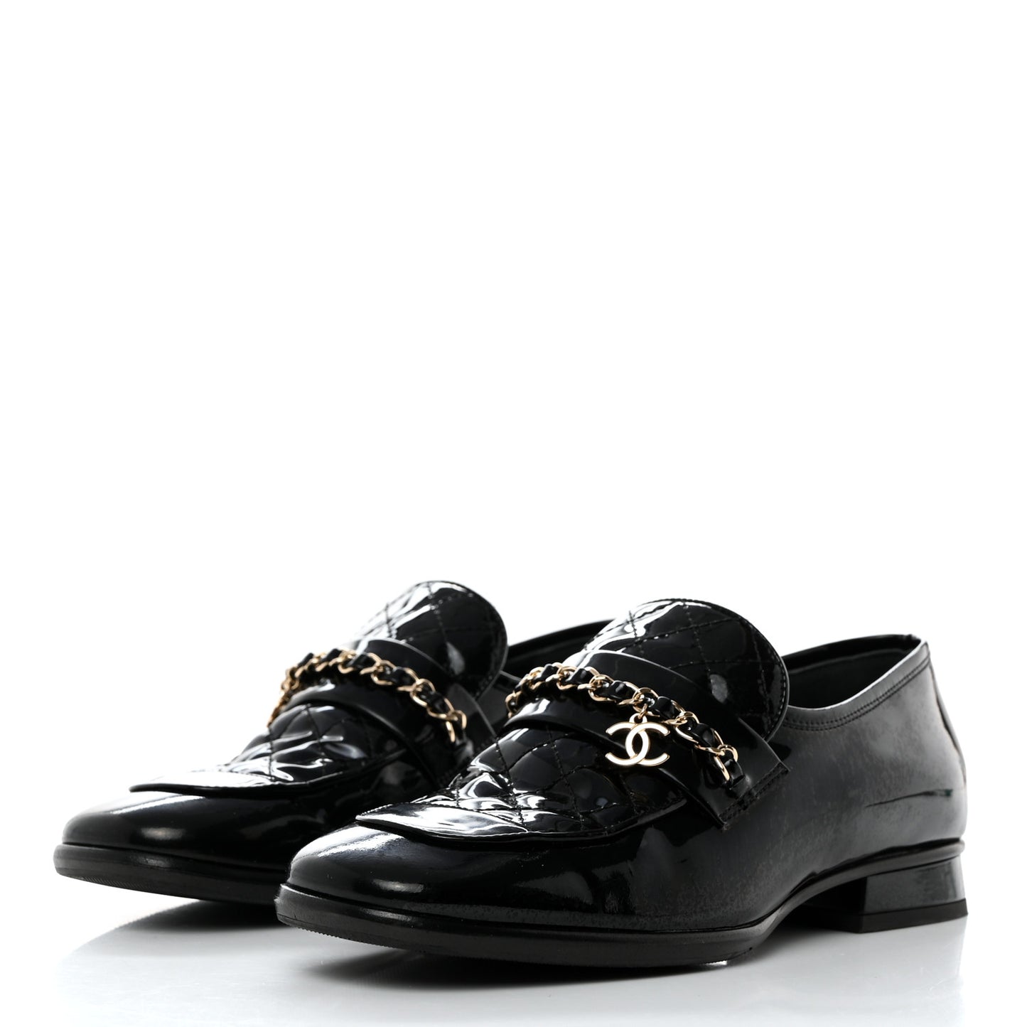 Patent Calfskin CC Chain Mocassin Loafers 36 Black