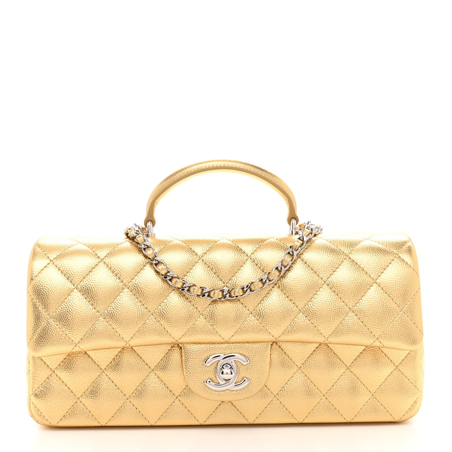 CHANEL MAKEUP ハンドルゴールドプレート　キルティング　バッグ Chanel Metallic Caviar Quilted Top Handle East West Flap Gold