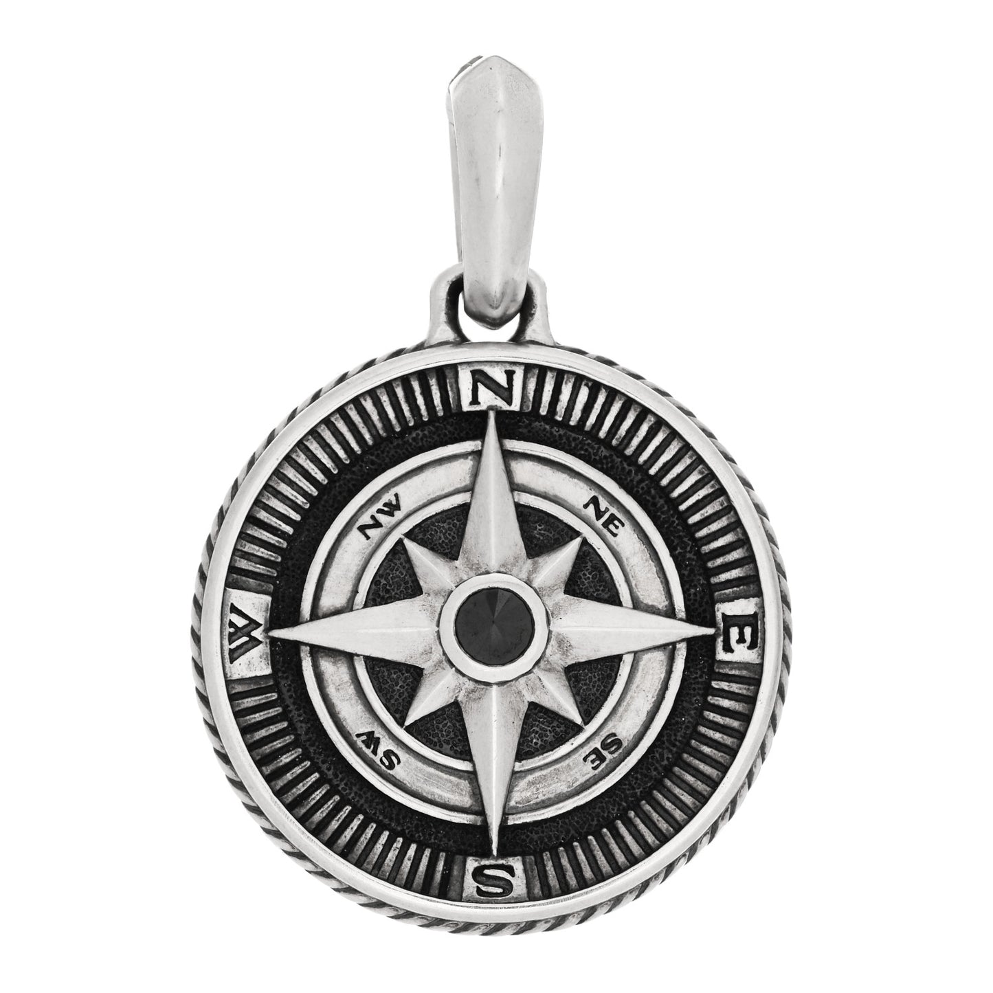 Sterling Silver Black Diamond Maritime Compass Enhancer Pendant