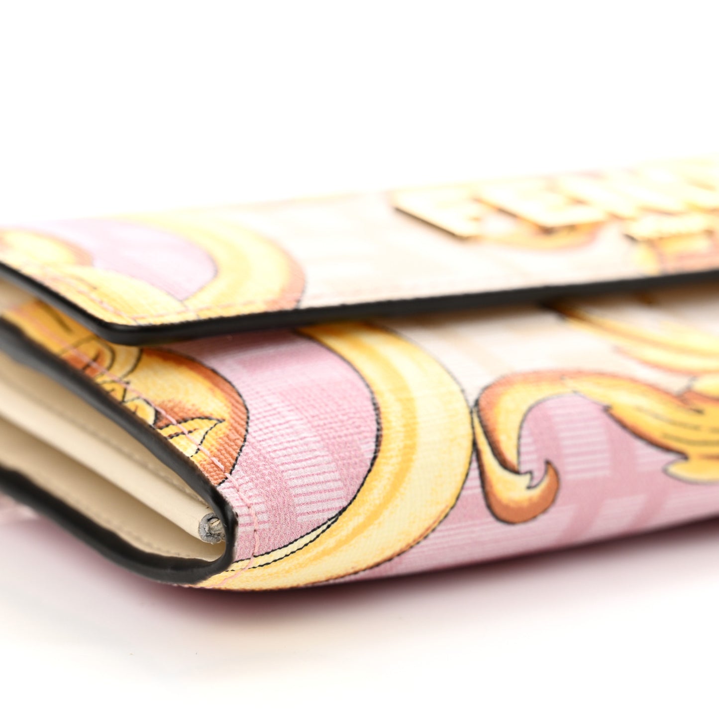 X VERSACE Glazed Fabric Fendace FF Baroque Continental Wallet On Chain Gold White Rosa