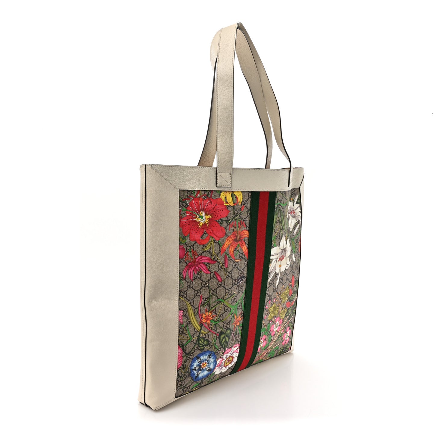 GG Supreme Monogram Flora Web Ophidia Vertical Shopping Tote White