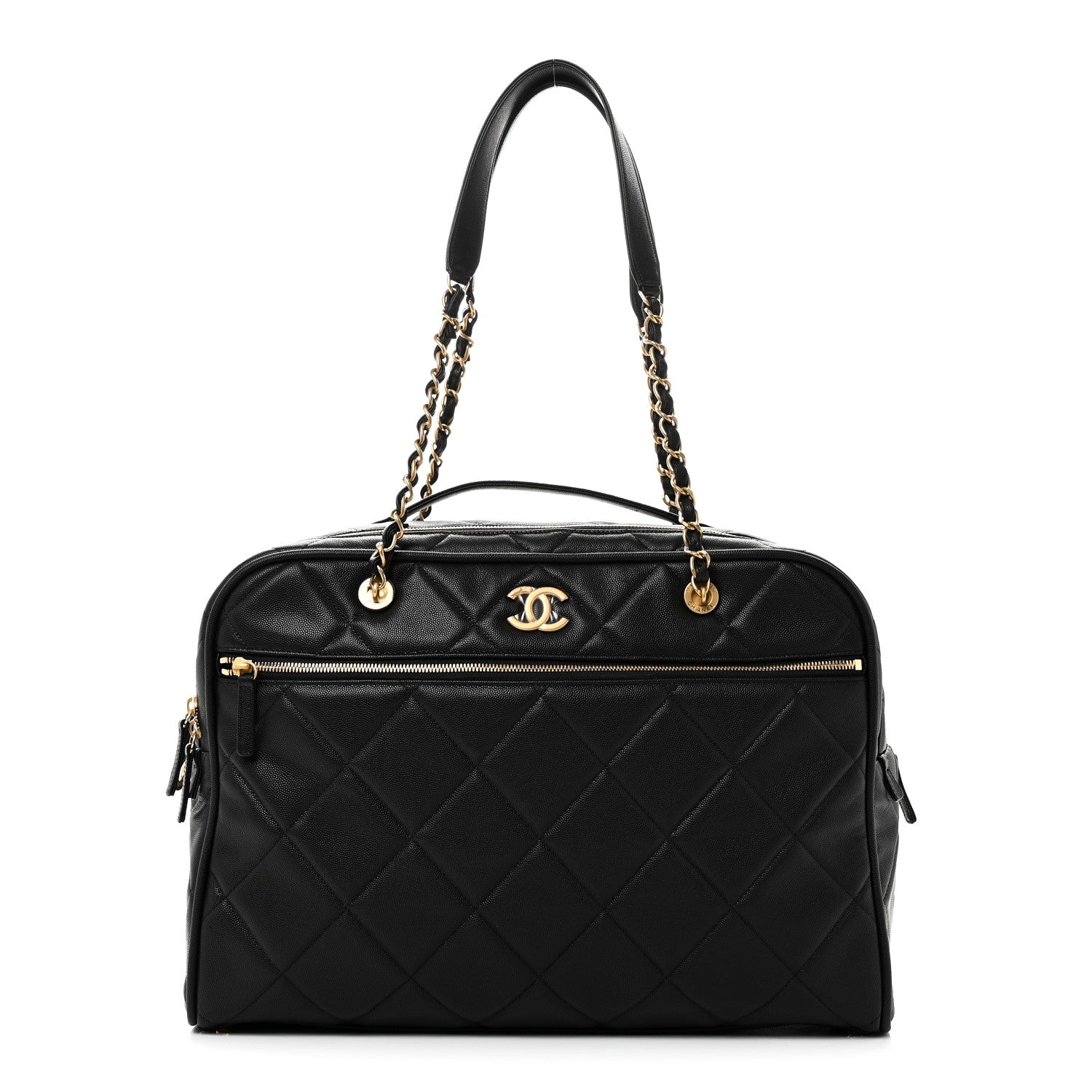 Chanel Shiny Grained Calfskin Quilted Travel Bowling Bag Black
