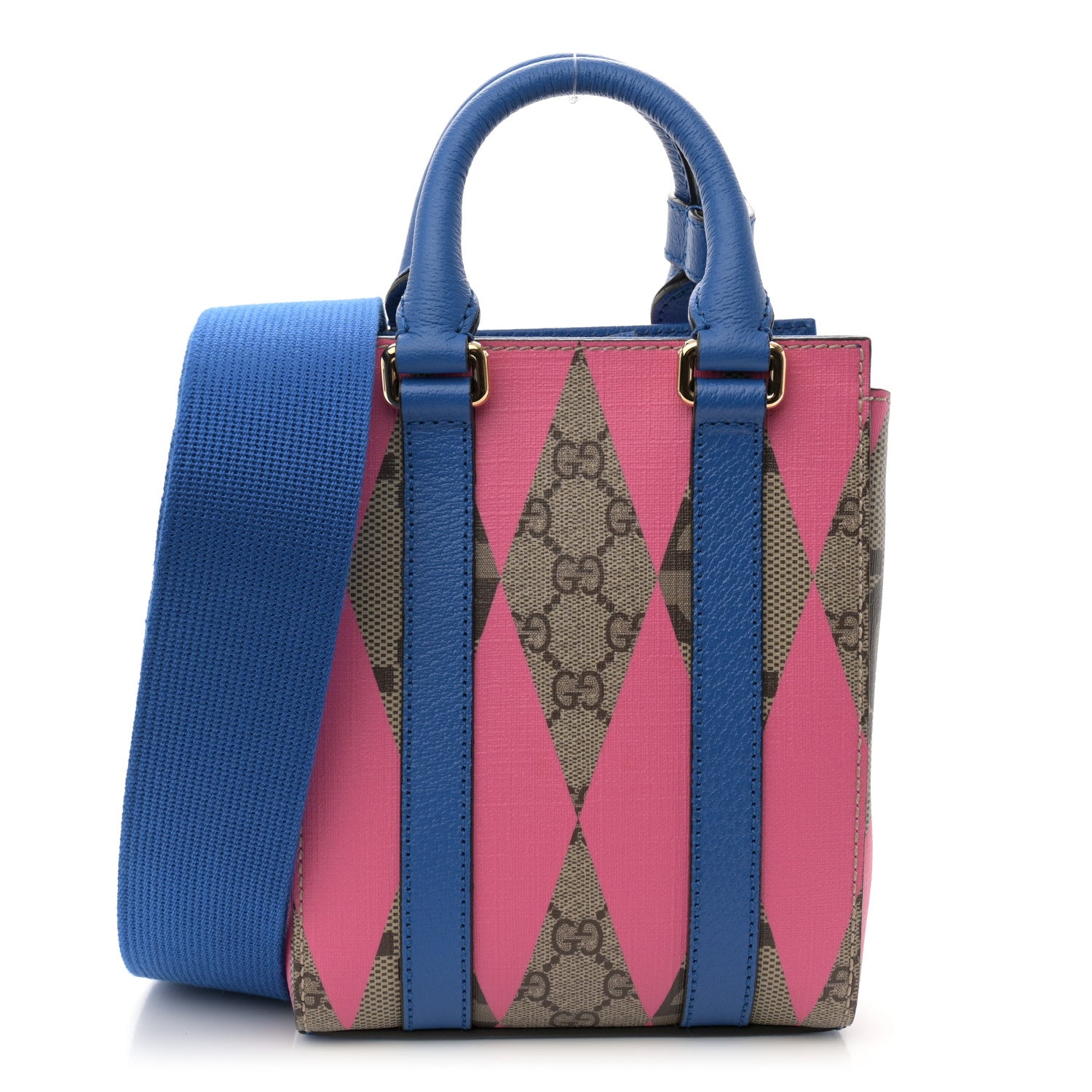 Gucci GG Supreme Monogram Textured Dollar Calfskin Rhombus Mini Tote Bag Beige Ebony Pink Blue 1 of 9