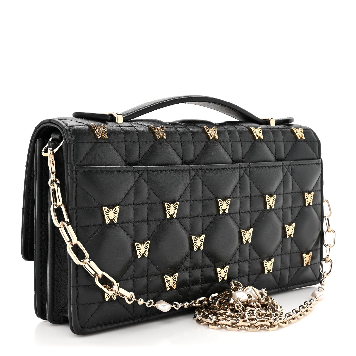 Lambskin Cannage Butterfly Studs Miss Dior Pouch Black