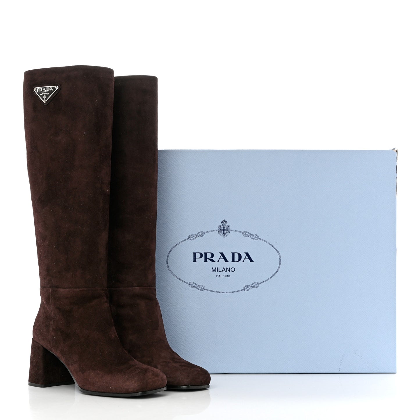 Suede Metal Triangle Logo Block Heel 65mm Knee Boots 37.5 Brown