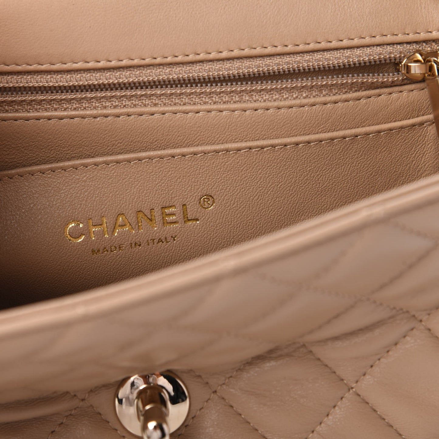 Lambskin Quilted Mini Rectangular Flap Dark Beige