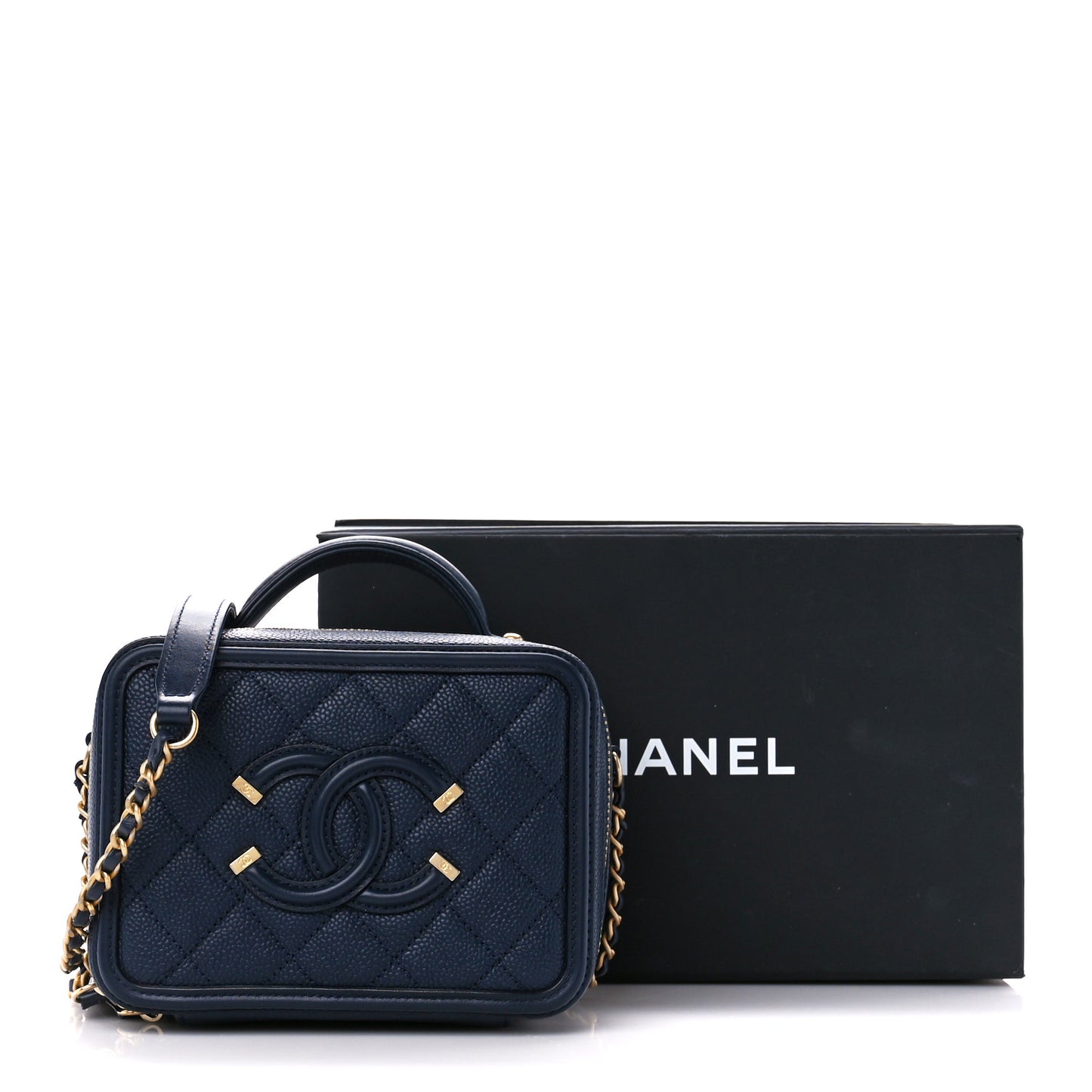 Caviar Quilted Small CC Filigree Vanity Case Navy