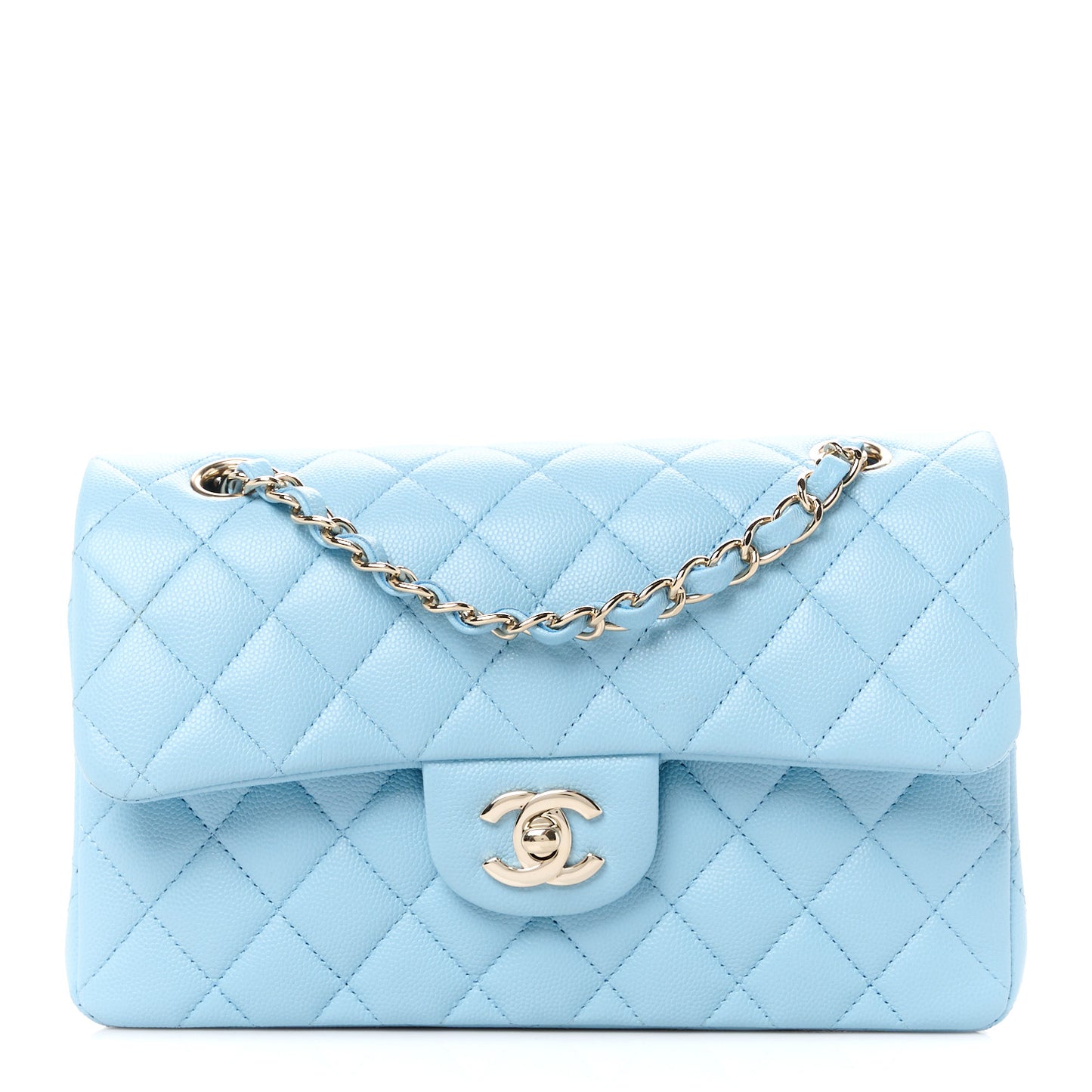 Caviar Quilted Small Double Flap Light Blue