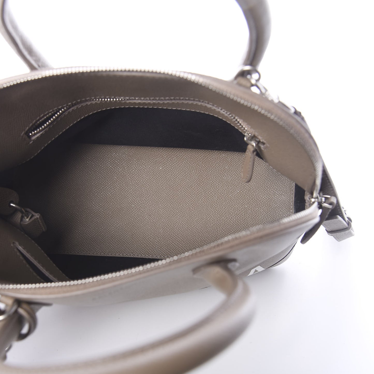 Signature Grained Calfskin Logo S Ville Top Handle Bag Mink Grey White