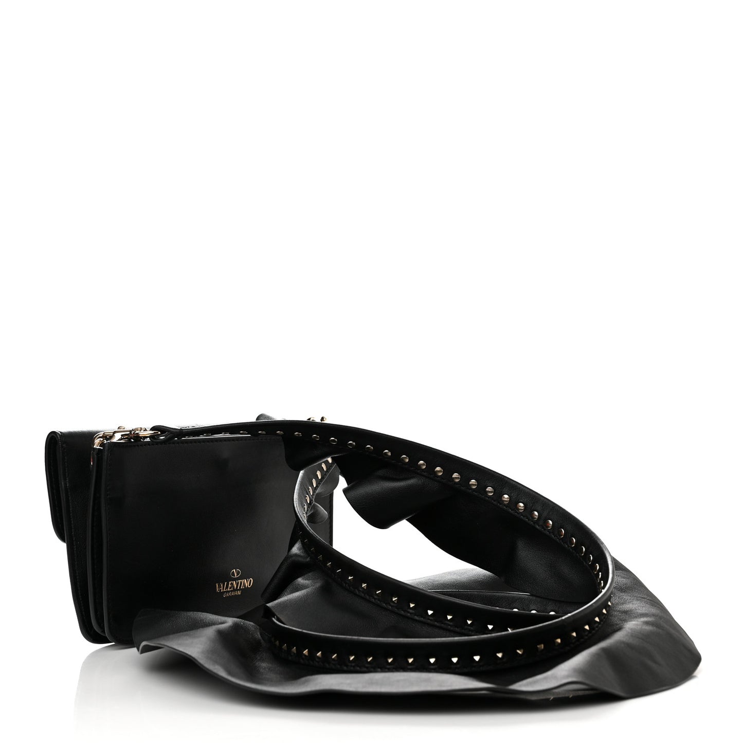 Calfskin Crystal Bead Embellished Mini Rockstud Love Story Ruffle Strap Bag Black