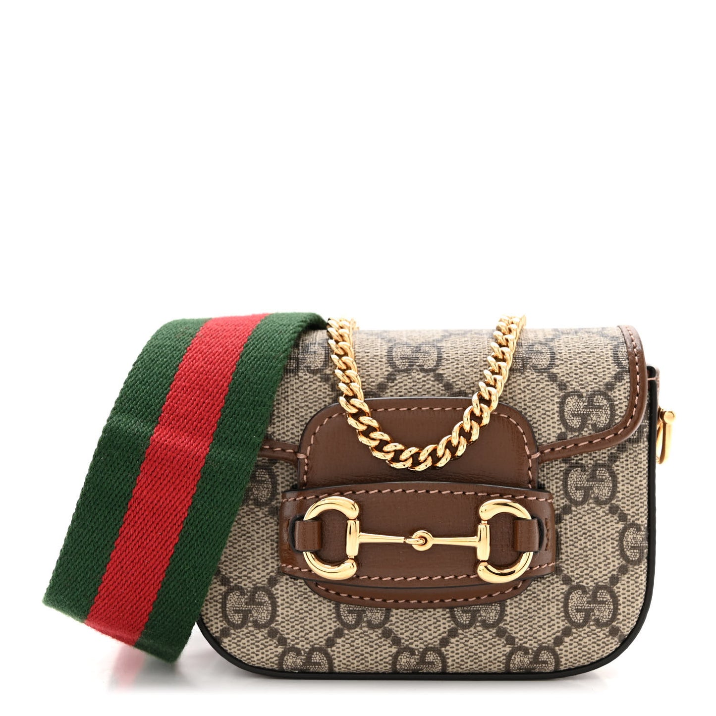 GG Supreme Monogram Azalea Calfskin Web Horsebit 1955 Wallet On Strap Beige Ebony Brown Sugar