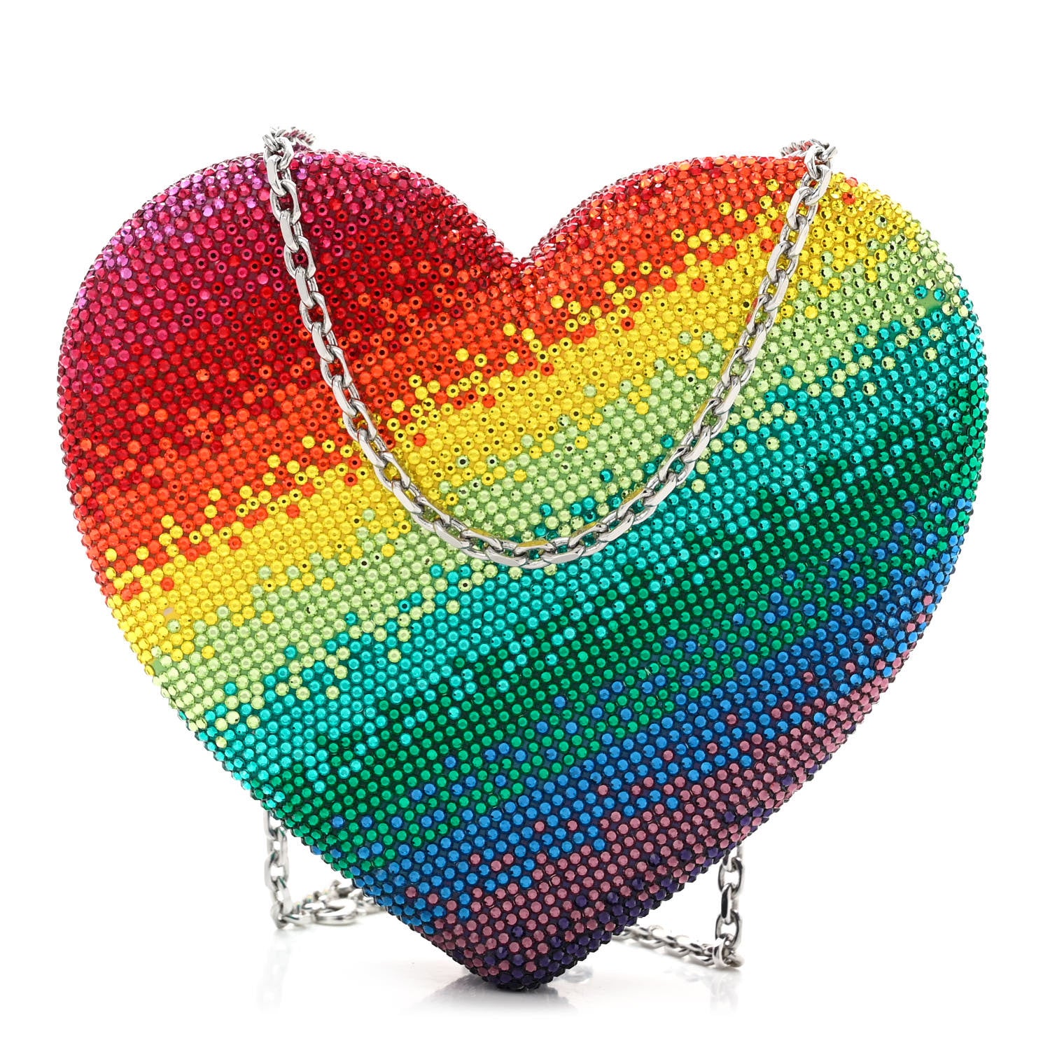 Judith Leiber Crystal Rainbow Heart Minaudiere Clutch Silver