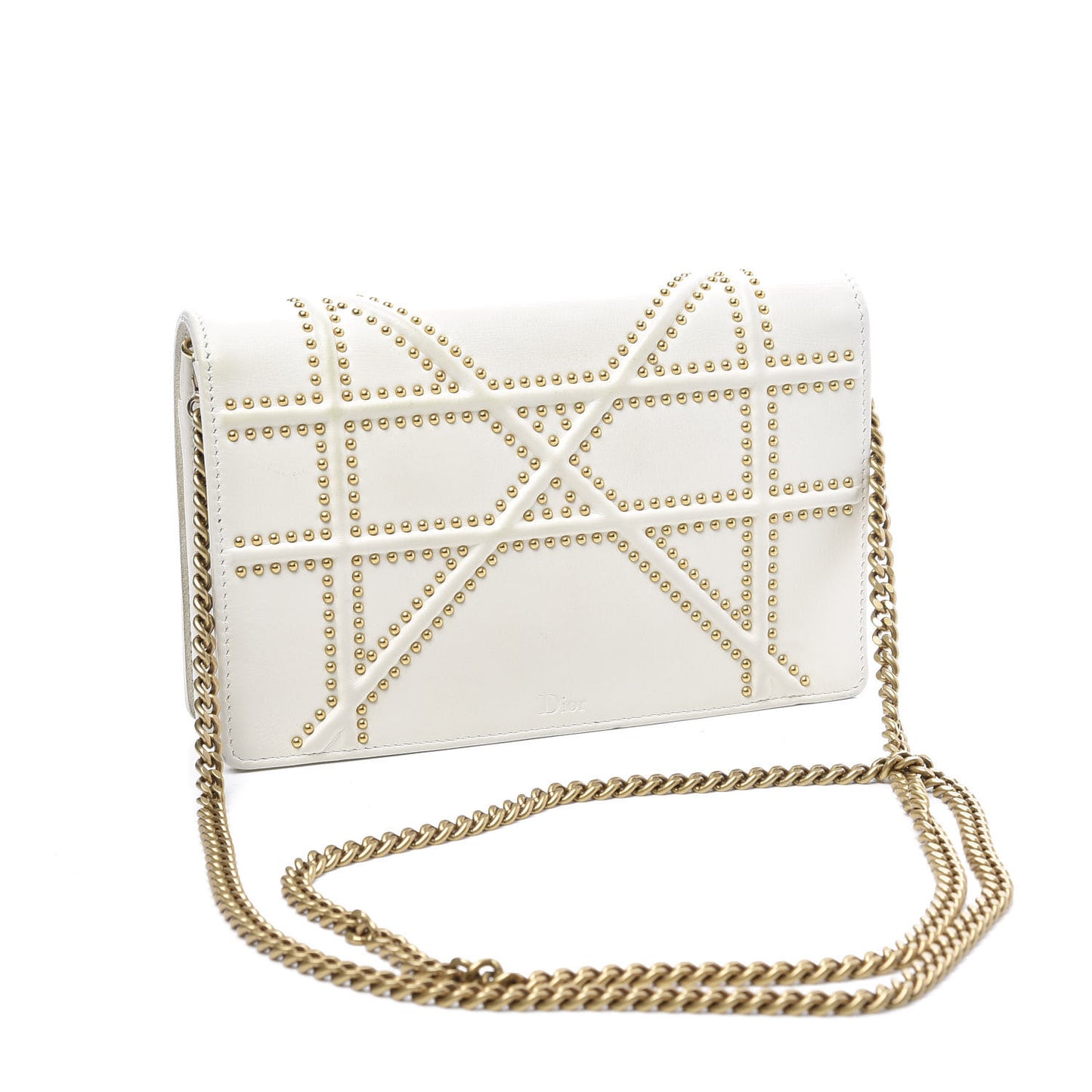 Calfskin Studded Diorama Wallet on Chain Pouch Off White