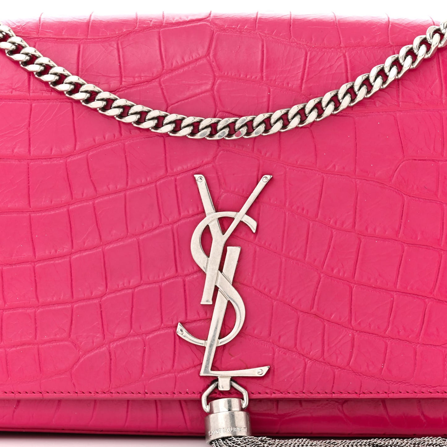 SAINT LAURENT Calfskin Crocodile Embossed Medium Classic Monogram Kate Tassel Satchel Fuchsia