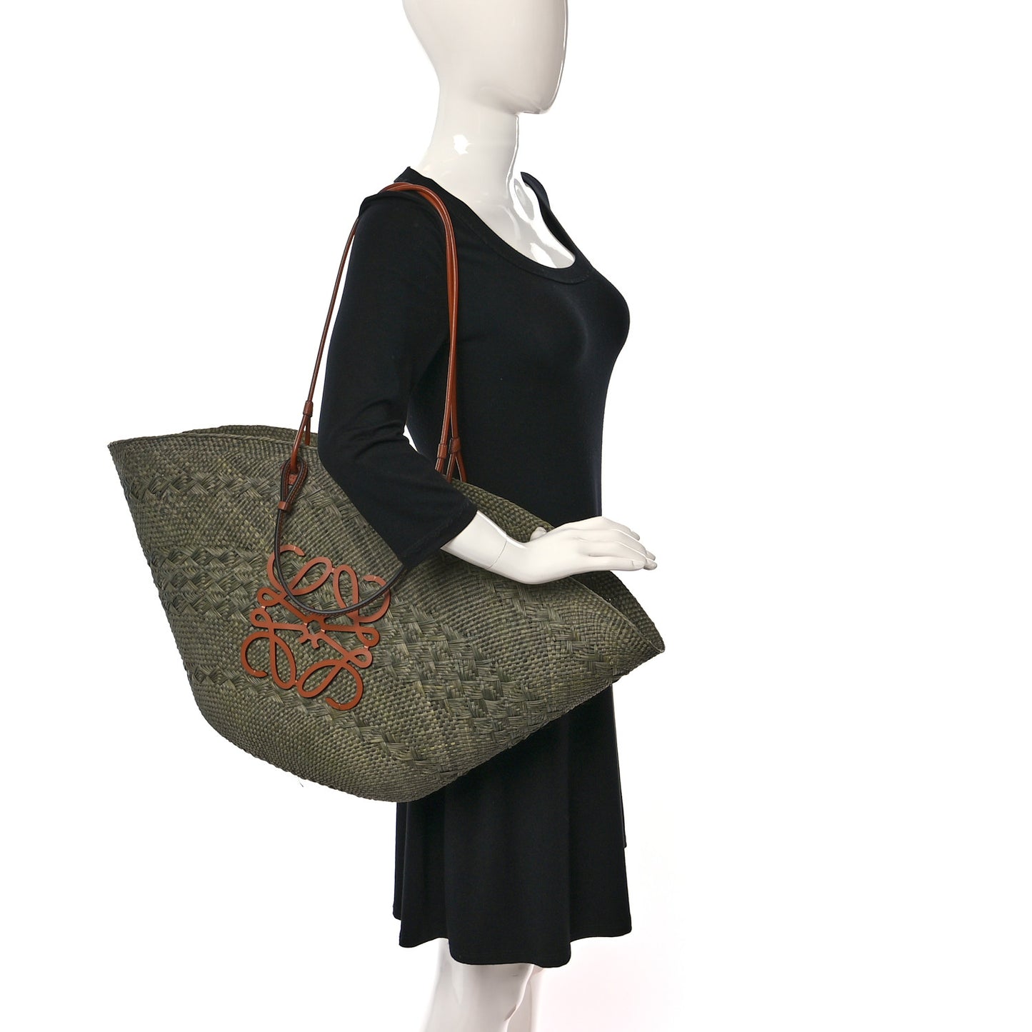 Calfskin Raffia Paulas Ibiza Large Anagram Basket Tote Bag Green Tan