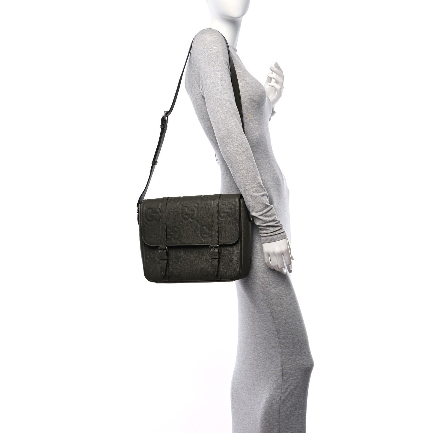 Calfskin Jumbo GG Embossed Double Buckle Medium Messenger Bag Dark Vintage Olive