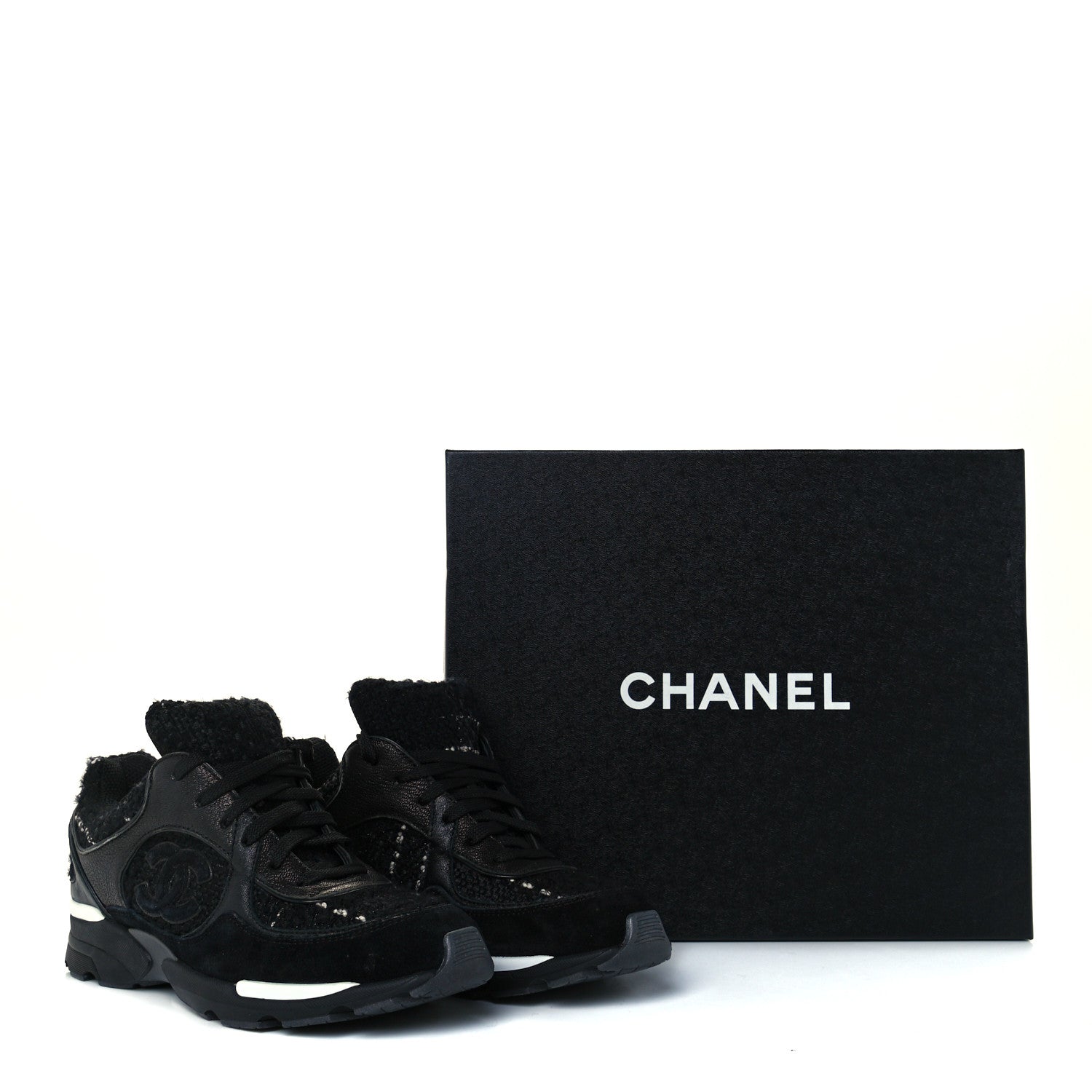 Chanel Tweed Suede Goatskin CC Sneakers 37 Black White 12 of 12