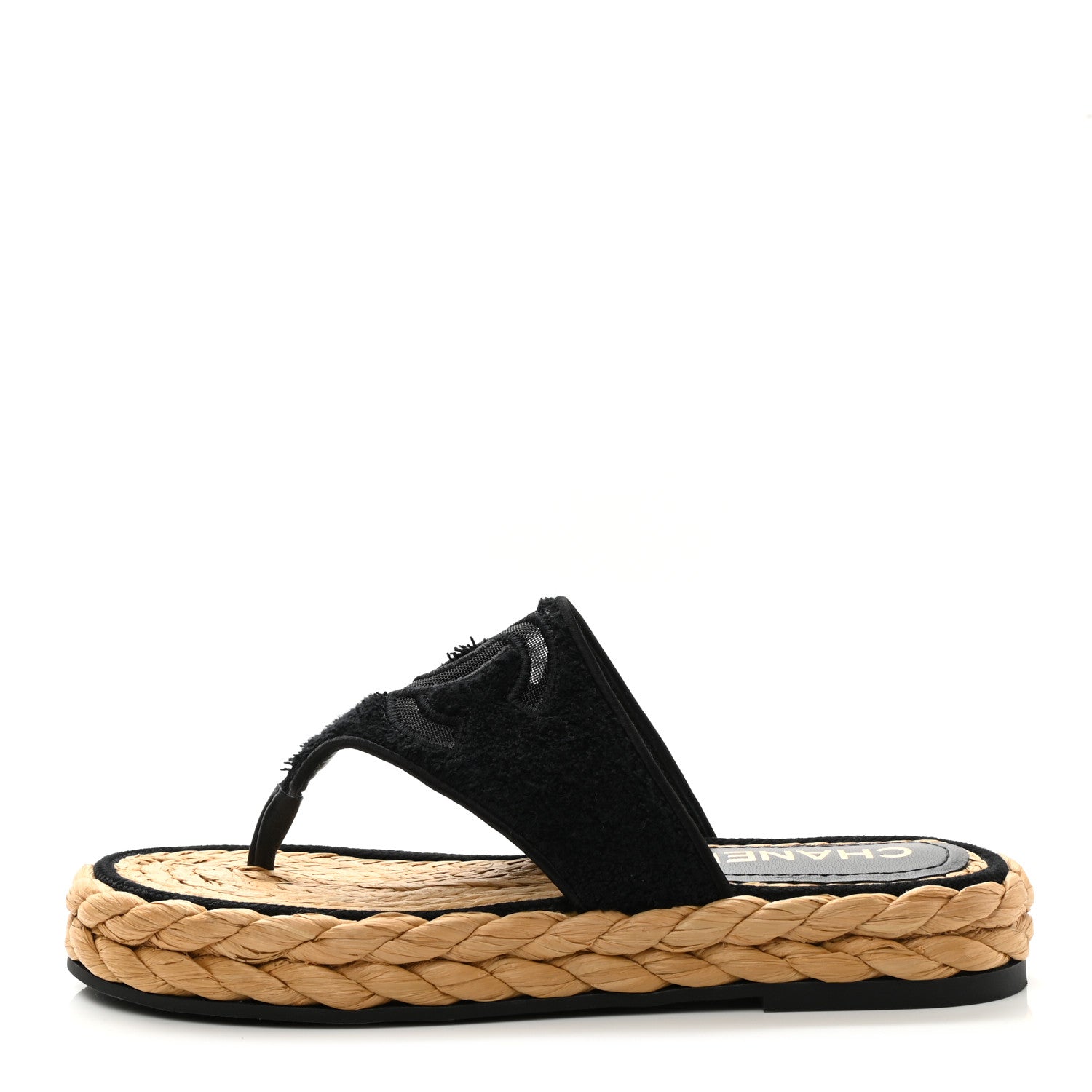 Chanel Terry Cloth Raffia CC Logo Thong Sandals 35 Black 1 of 9