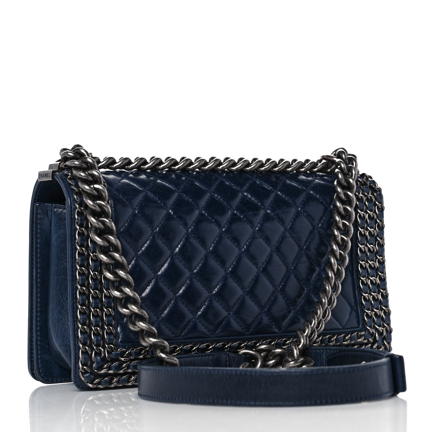 Glazed Calfskin Quilted Medium Boy Chained Flap Blue